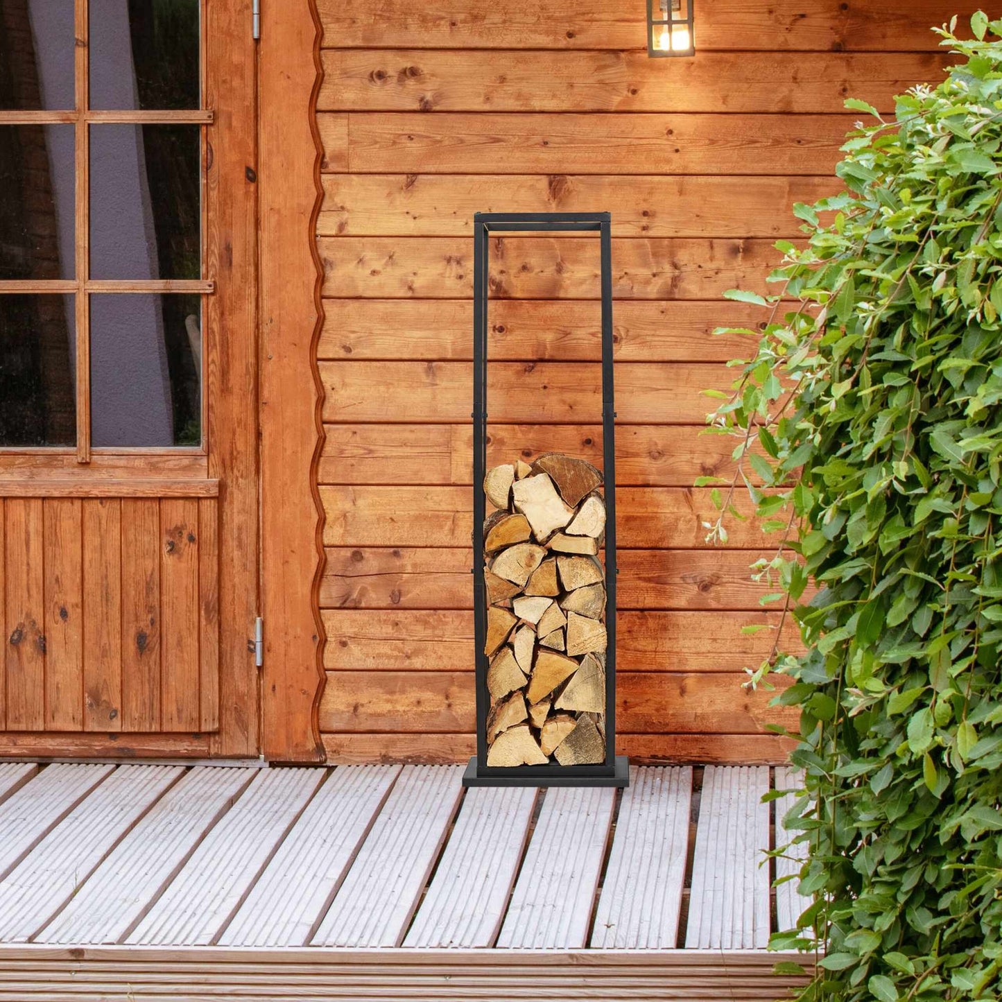 Wood stand in tall metal