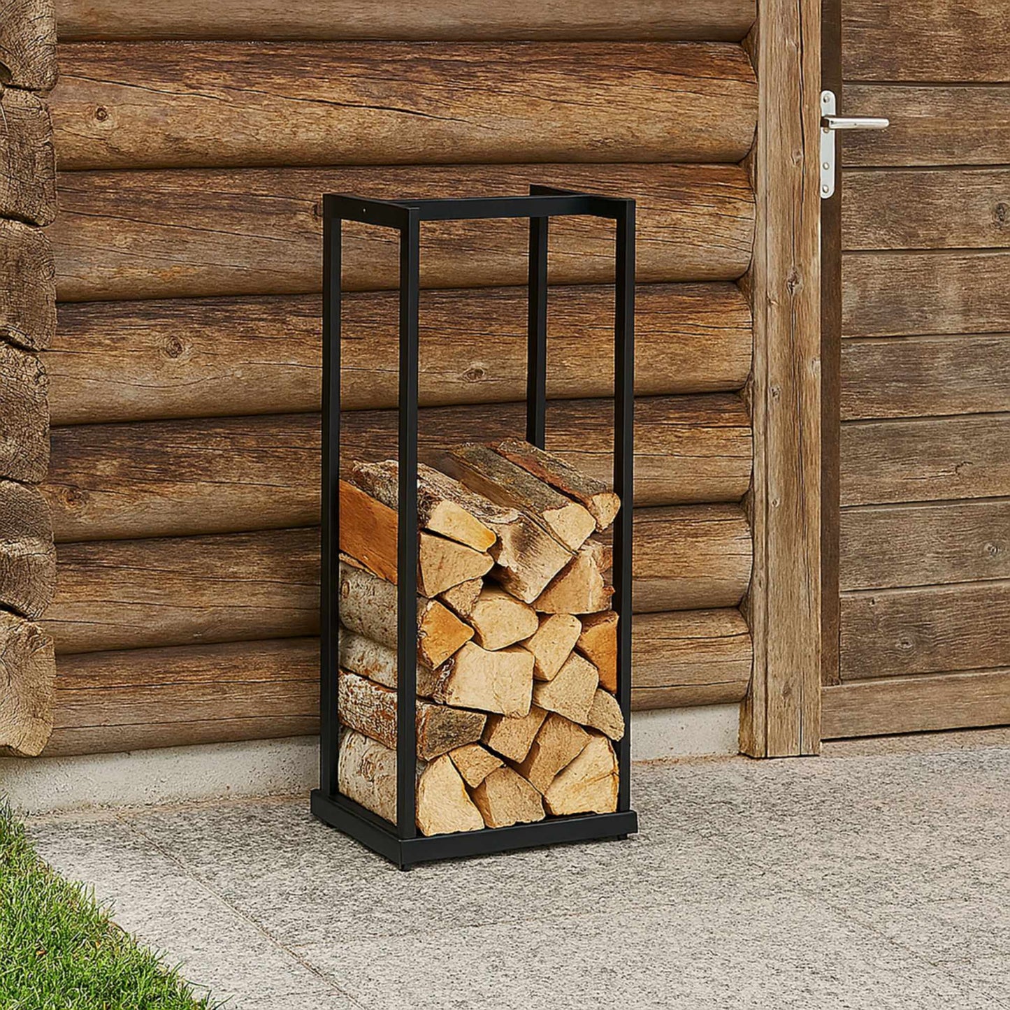Wood stand in tall metal
