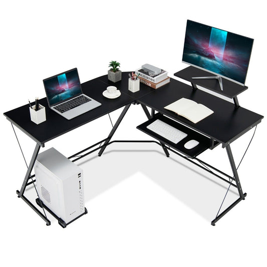 Work Desk L-Shaped Computer Desk with Movable Stand Black