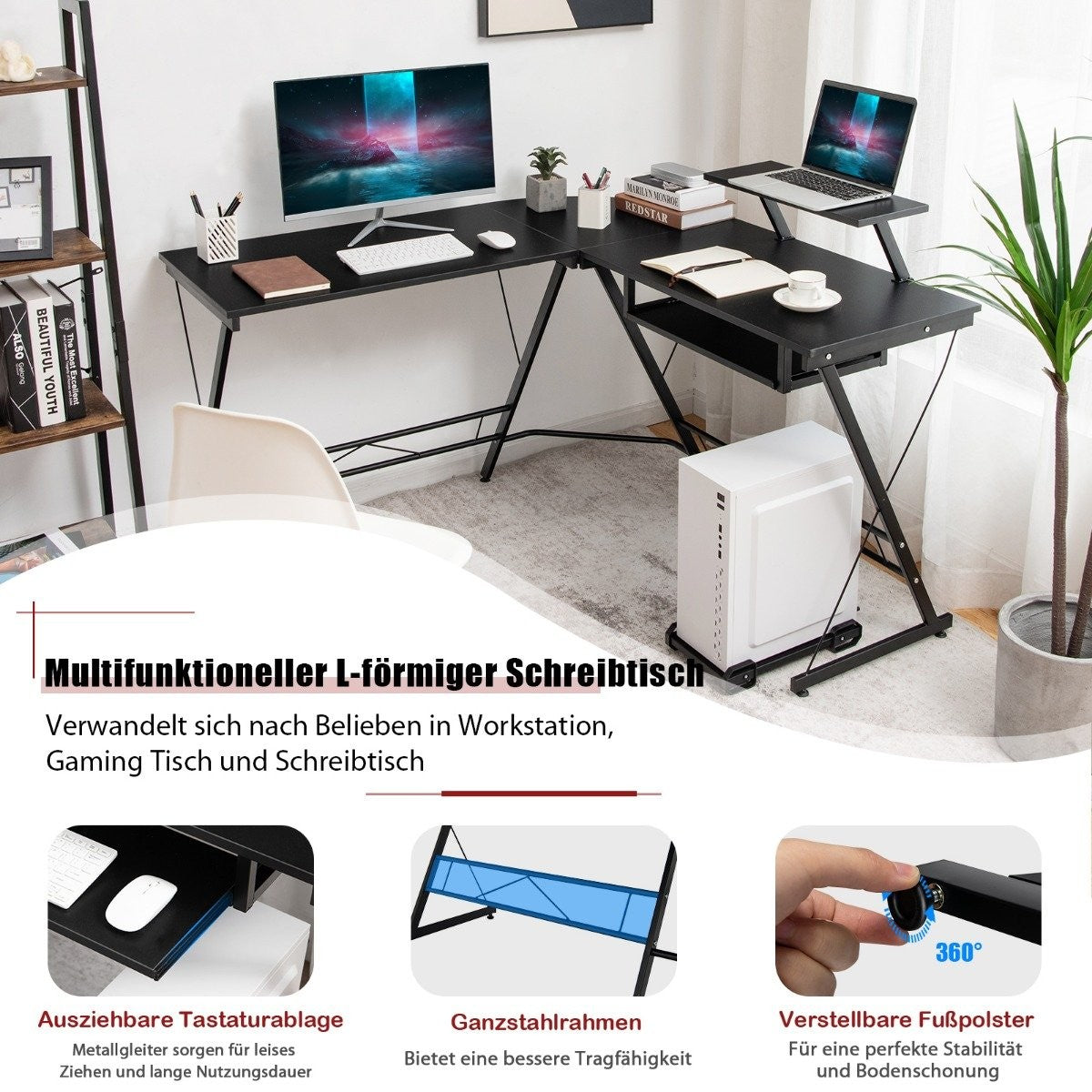 Work Desk L-Shaped Computer Desk with Movable Stand Black