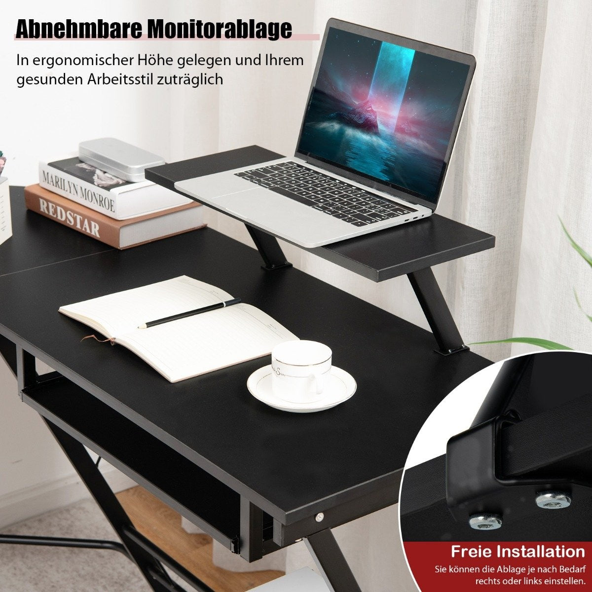 Work Desk L-Shaped Computer Desk with Movable Stand Black