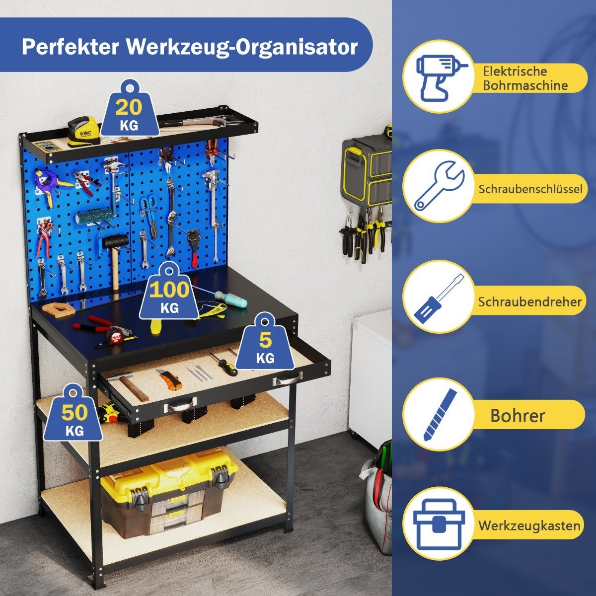 Workbench 81 x 41 cm 225 kg load capacity work table with perforated wall &amp; Drawers &amp; shelves blue