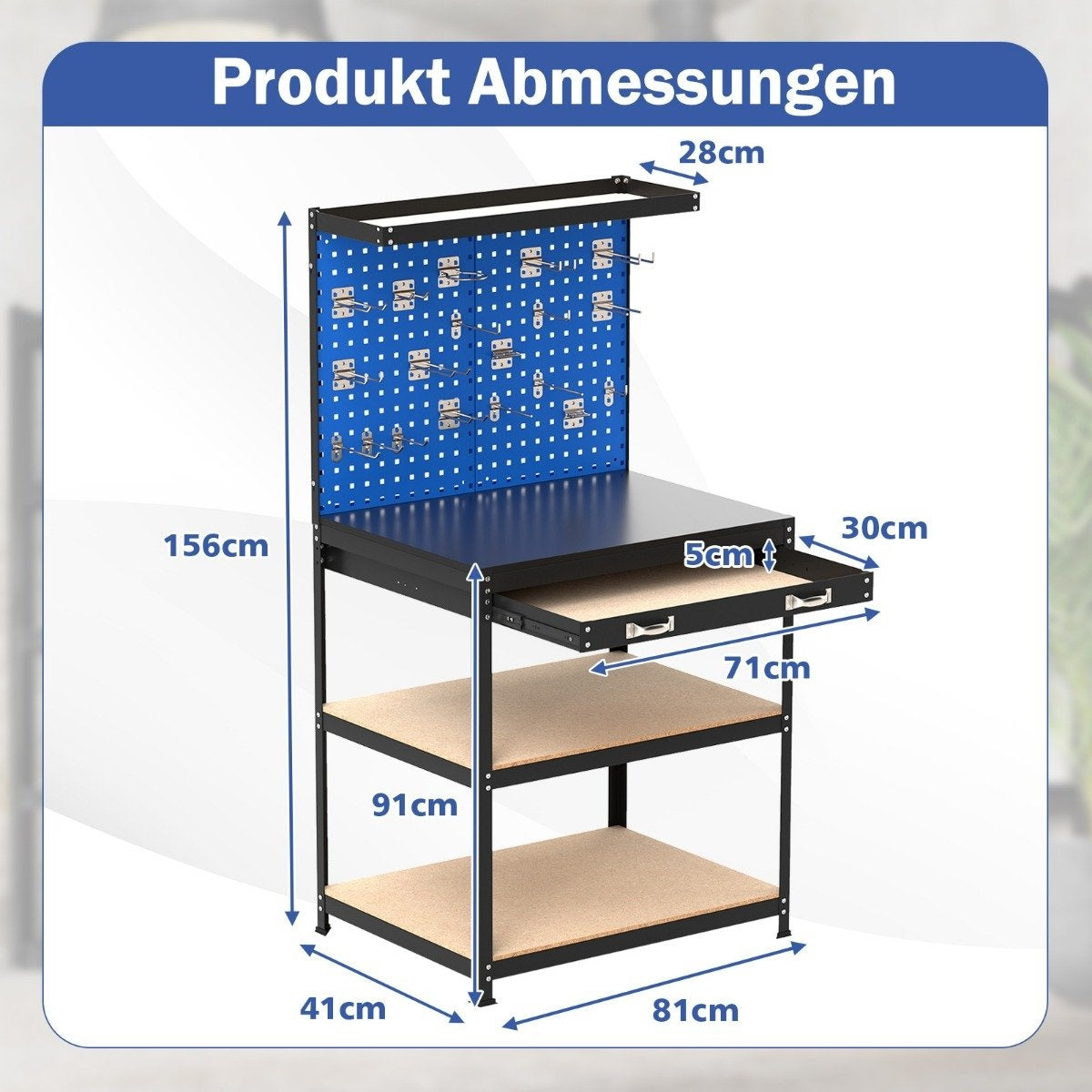 Workbench 81 x 41 cm 225 kg load capacity work table with perforated wall &amp; Drawers &amp; shelves blue