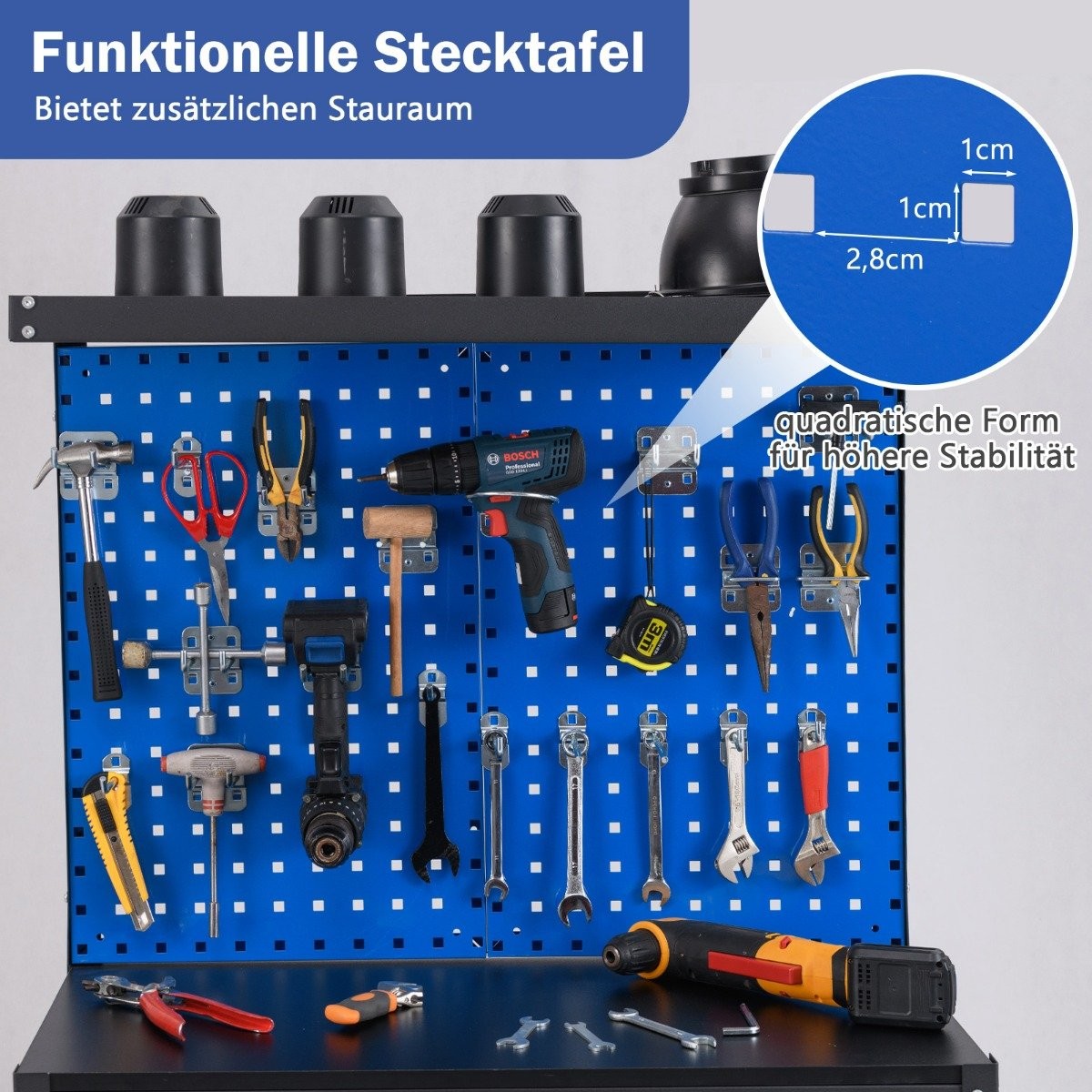 Workbench 81 x 41 cm 225 kg load capacity work table with perforated wall &amp; Drawers &amp; shelves blue