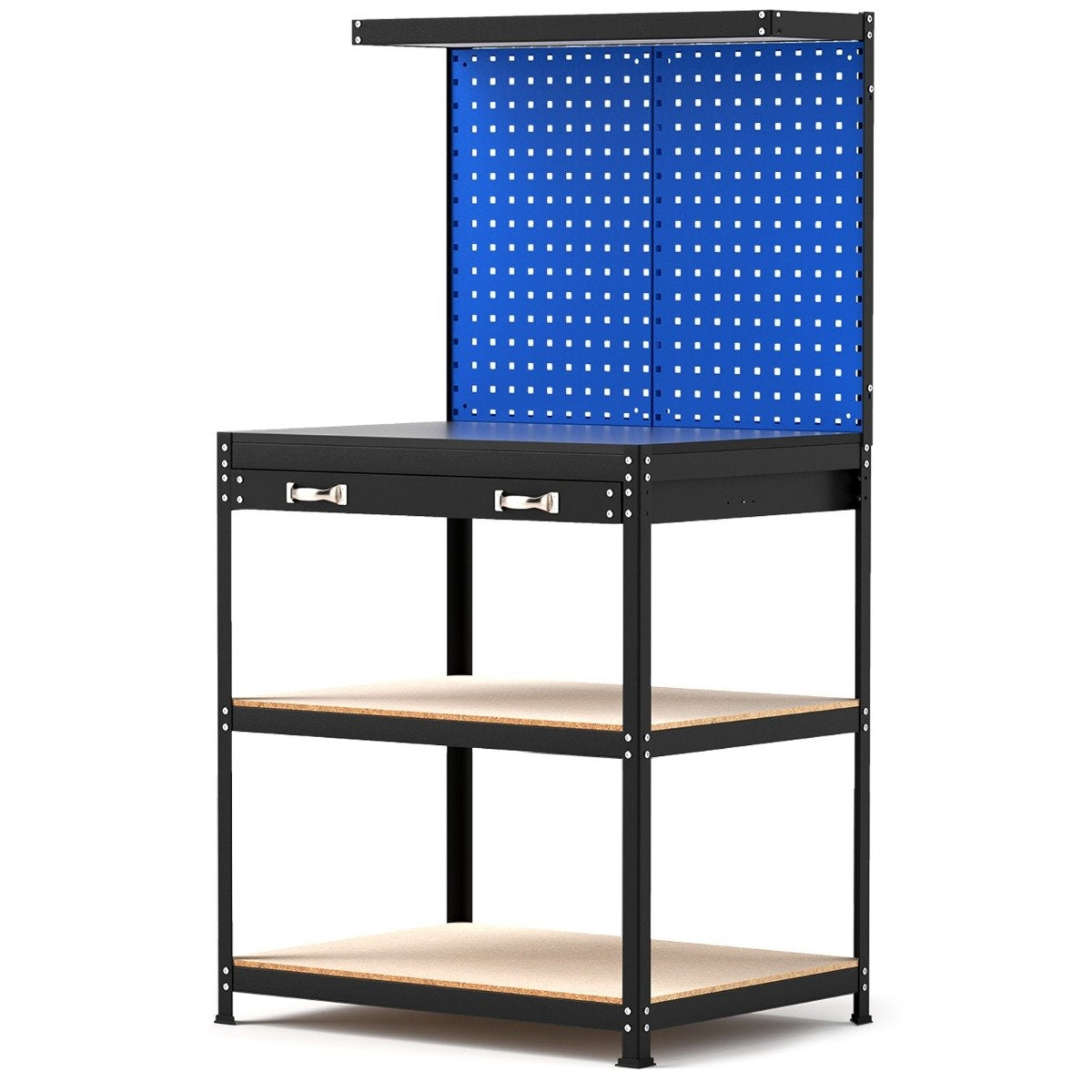 Workbench 81 x 41 cm 225 kg load capacity work table with perforated wall &amp; Drawers &amp; shelves blue