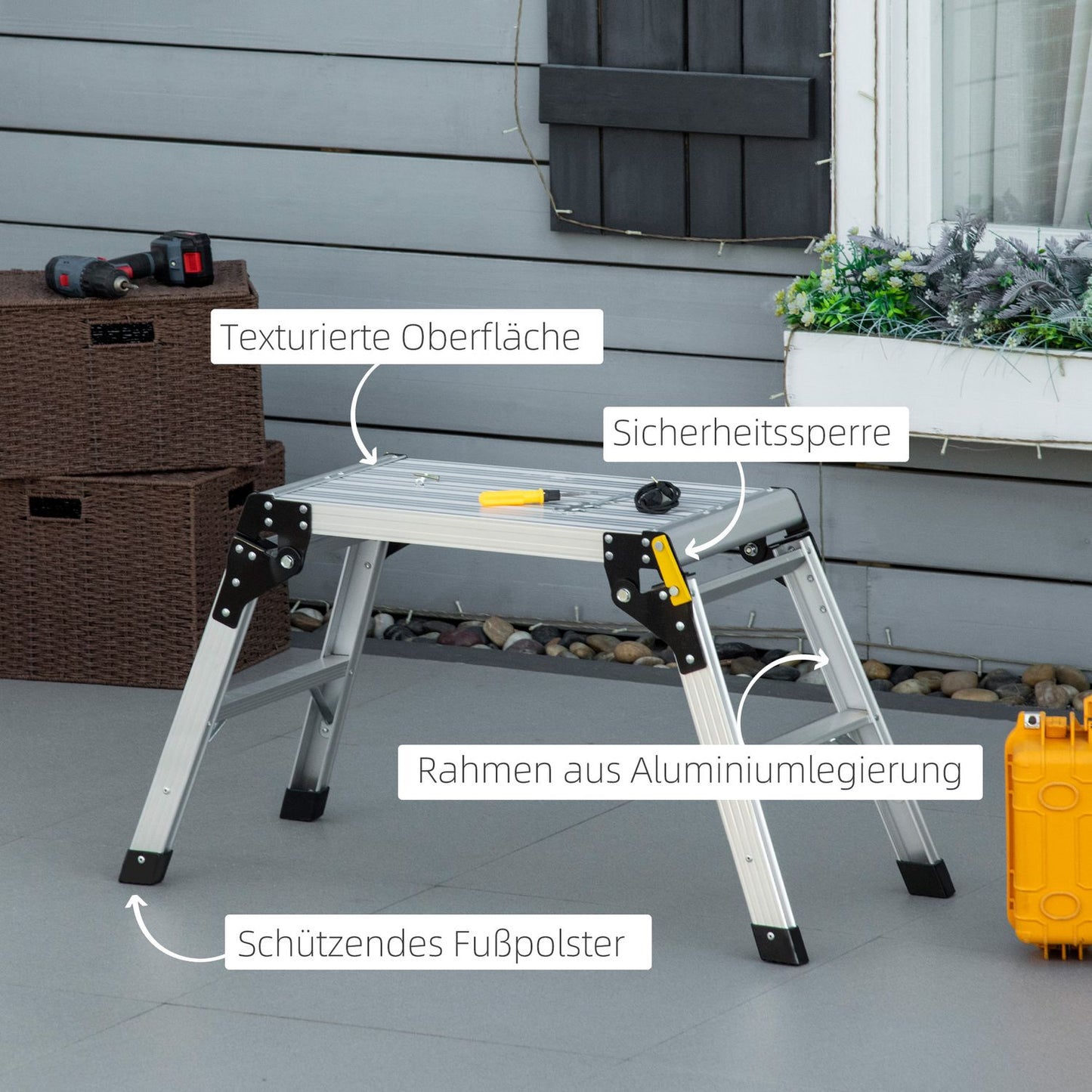 Folding workbench and platform, aluminum, 150 kg capacity