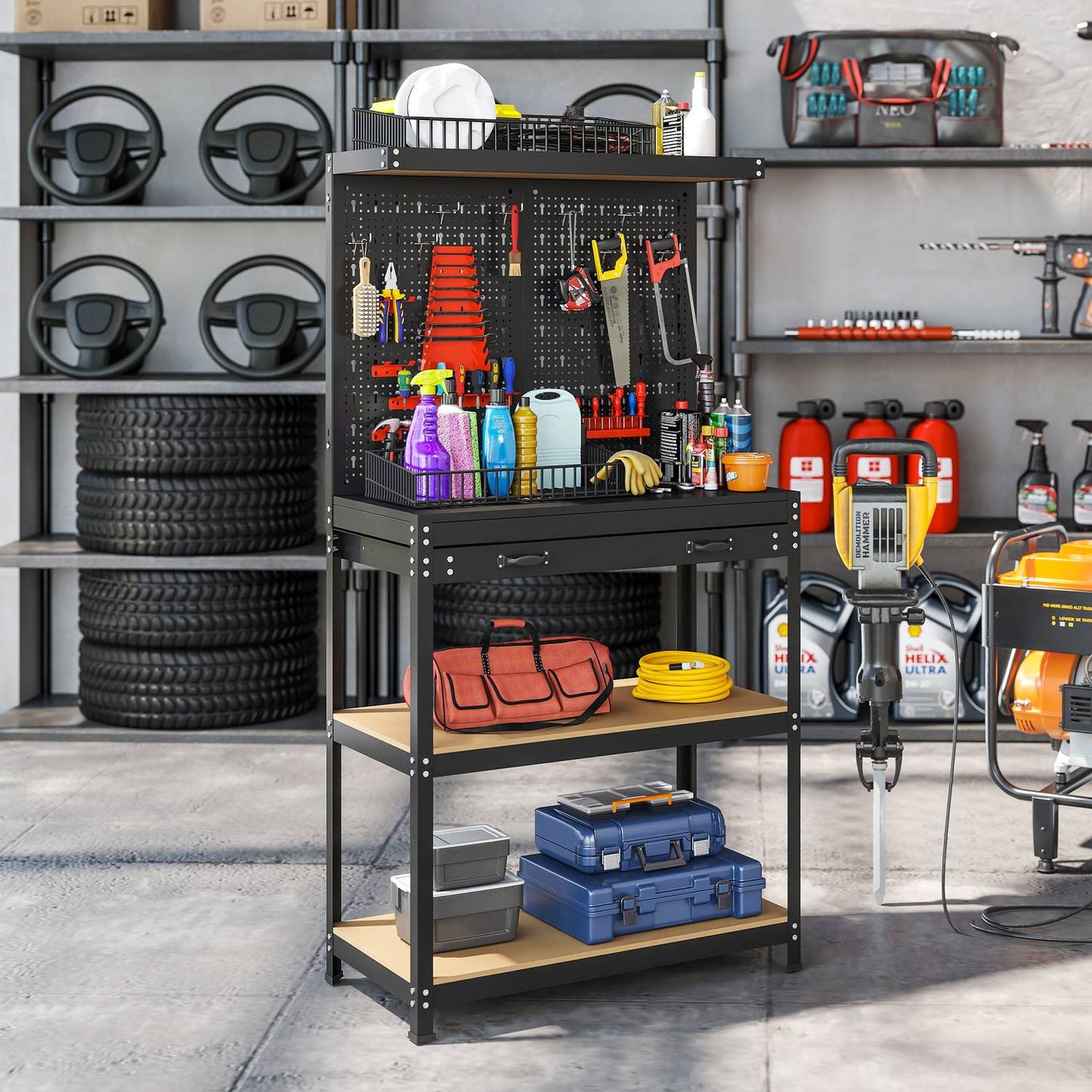 Workbench with Pegboard, Hooks, Drawer, 2 Shelves, Black