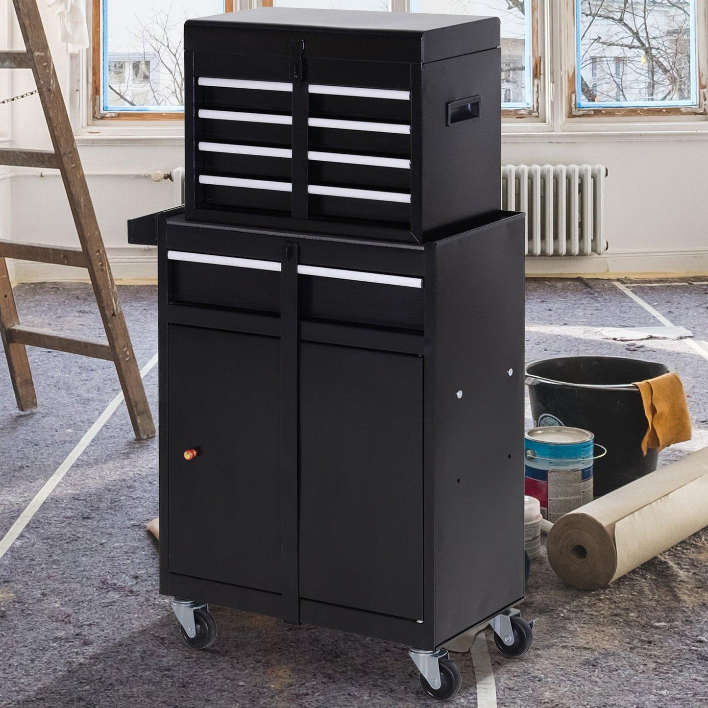 Metal workshop trolley with 5 drawers and 360° wheels