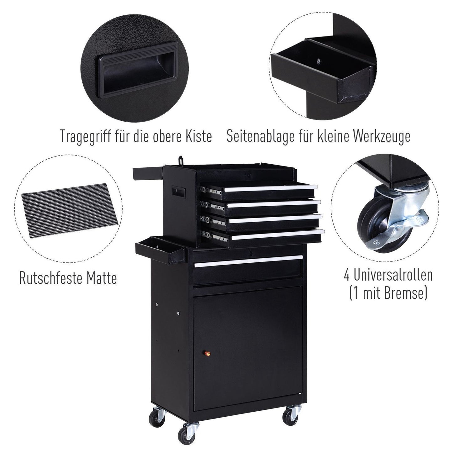Metal workshop trolley with 5 drawers and 360° wheels