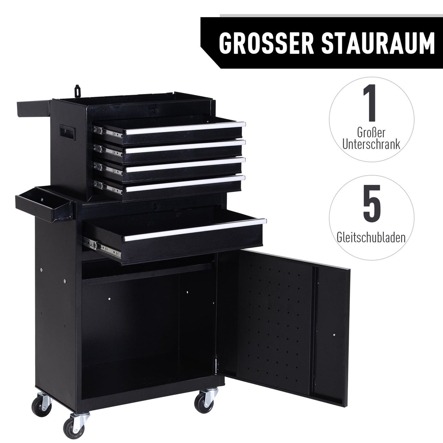 Metal workshop trolley with 5 drawers and 360° wheels