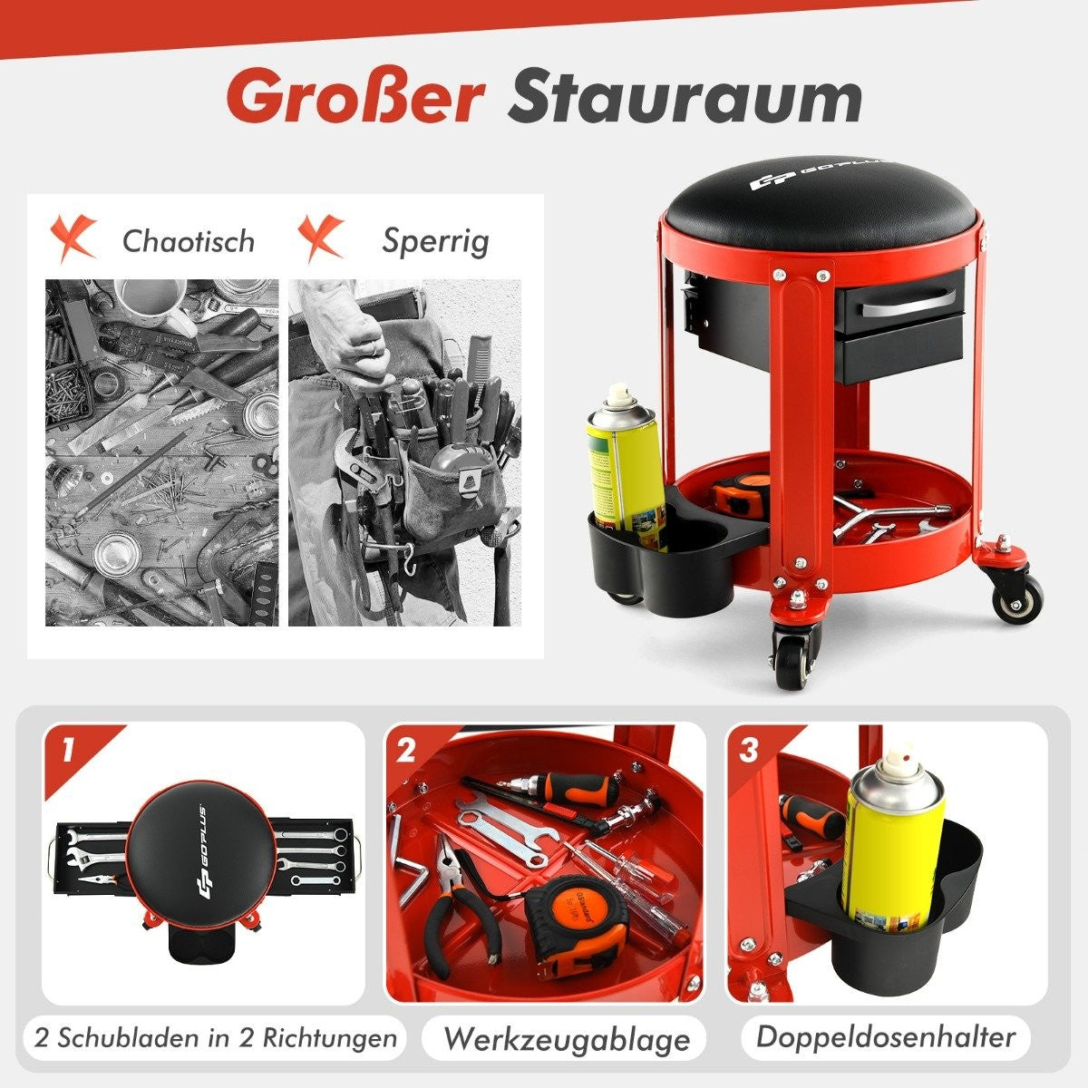 Workshop stool 150 kg load capacity Workshop seat with 2 drawers & can holder