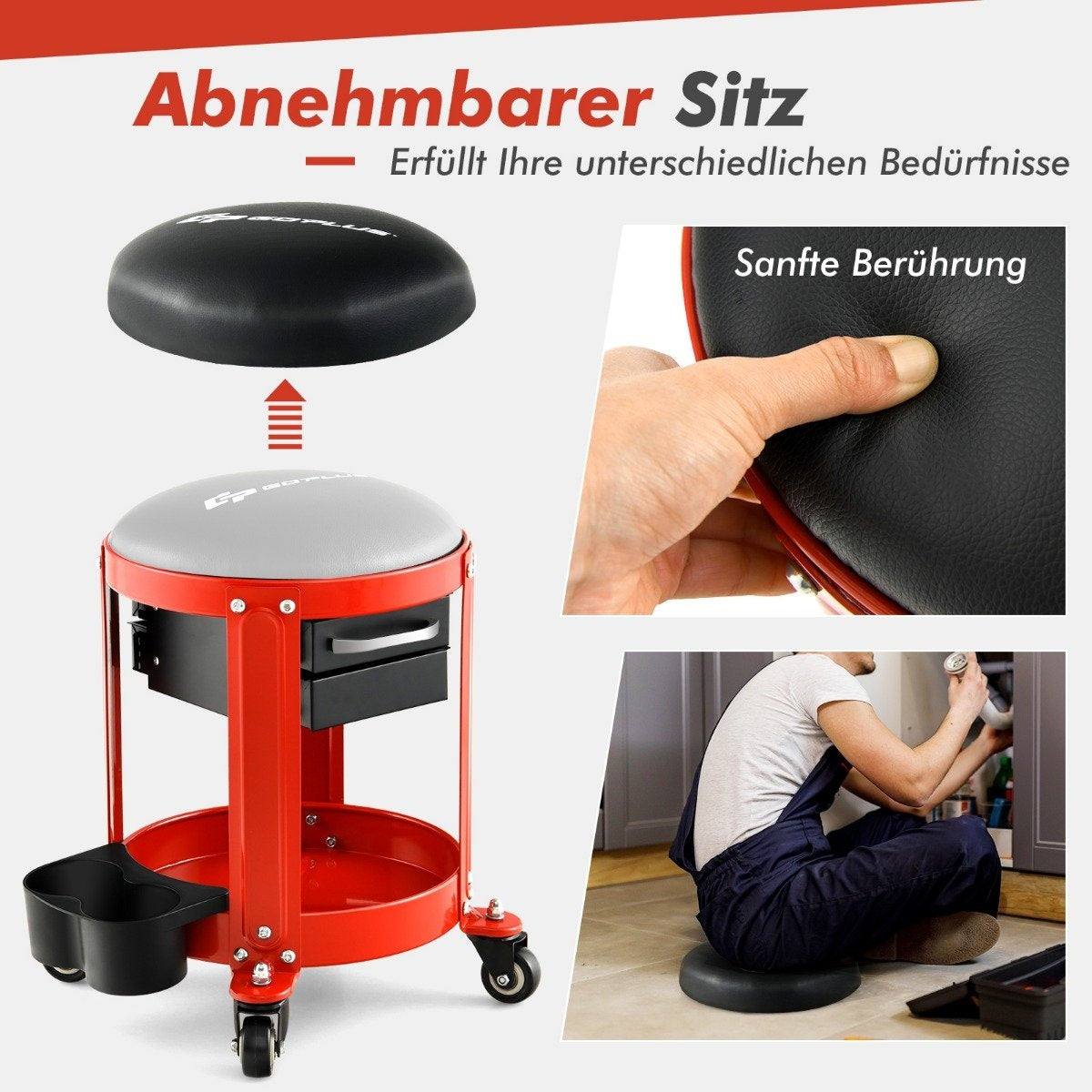 Workshop stool 150 kg load capacity Workshop seat with 2 drawers & can holder