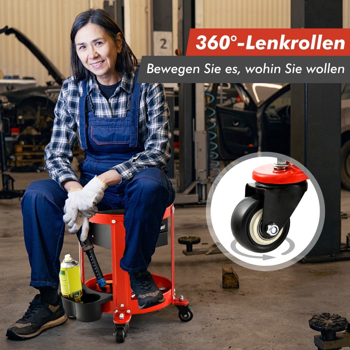 Workshop stool 150 kg load capacity Workshop seat with 2 drawers & can holder