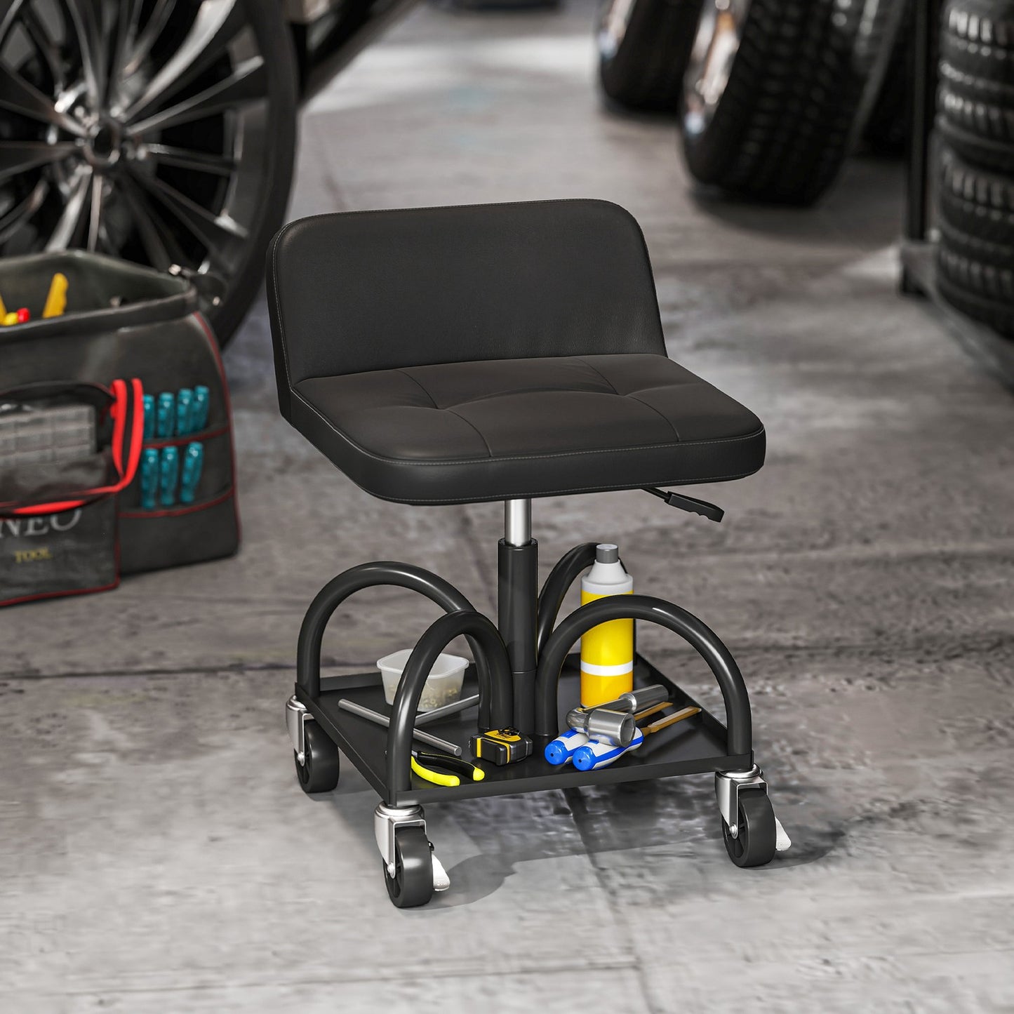 Workshop stool with castors, storage area, 58.5 cm high, rolling stool, load capacity up to 135 kg, black