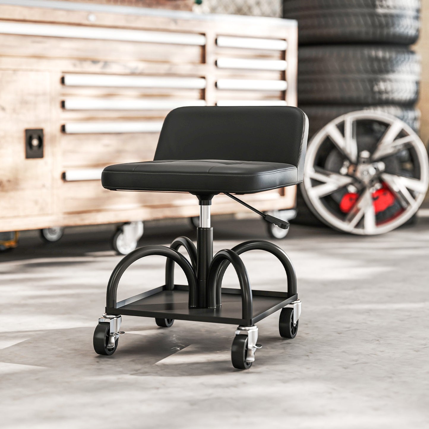 Workshop stool with castors, storage area, 58.5 cm high, rolling stool, load capacity up to 135 kg, black