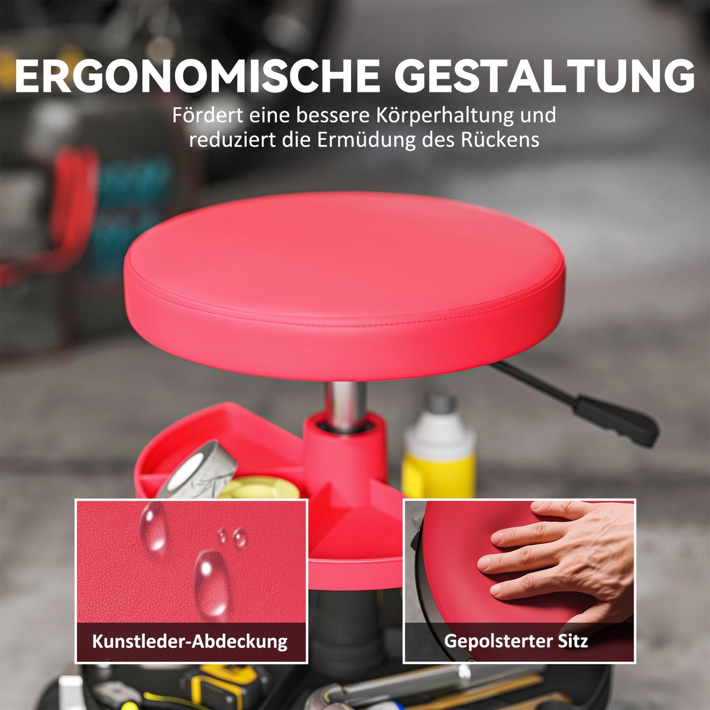 Mechanic Stool with Casters, Adjustable Height, 135 kg Capacity