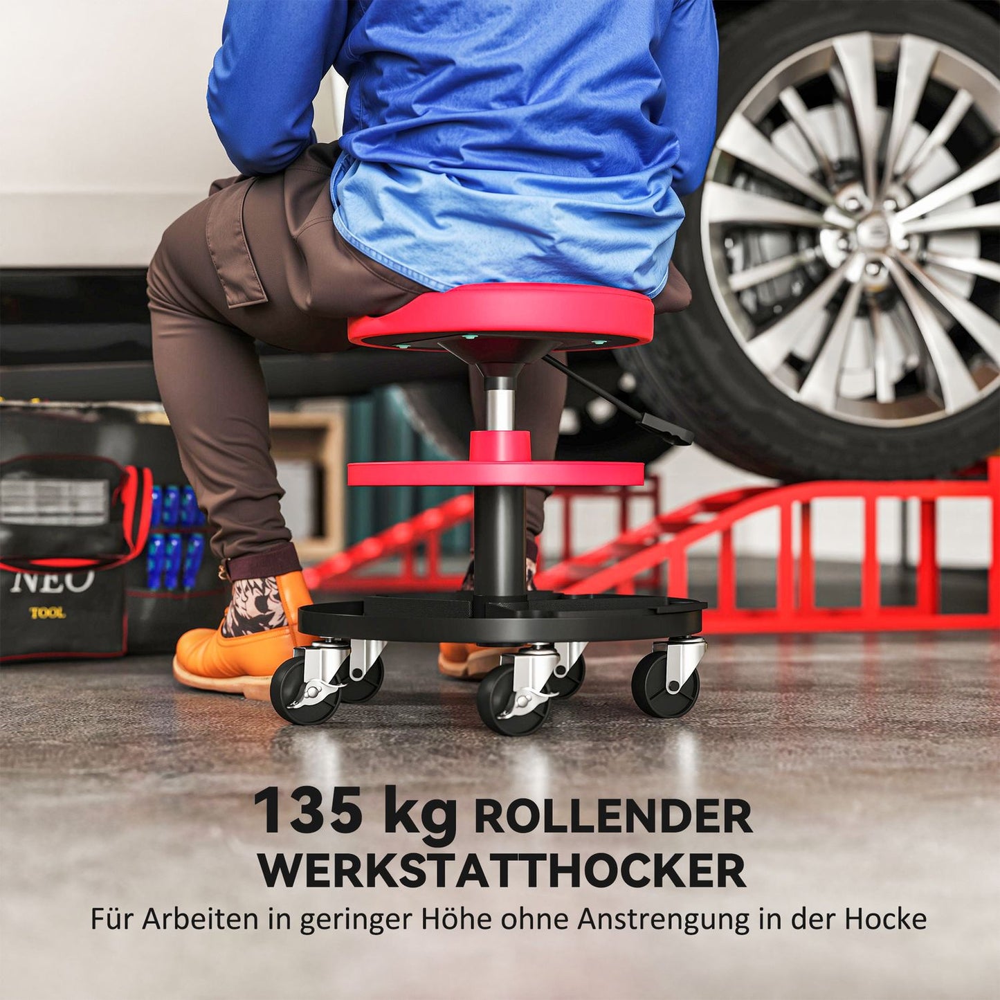 Mechanic Stool with Casters, Adjustable Height, 135 kg Capacity