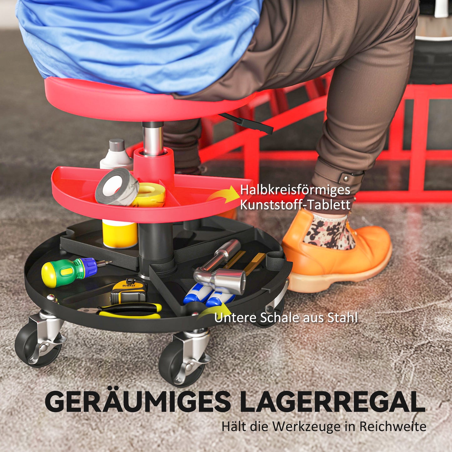 Mechanic Stool with Casters, Adjustable Height, 135 kg Capacity