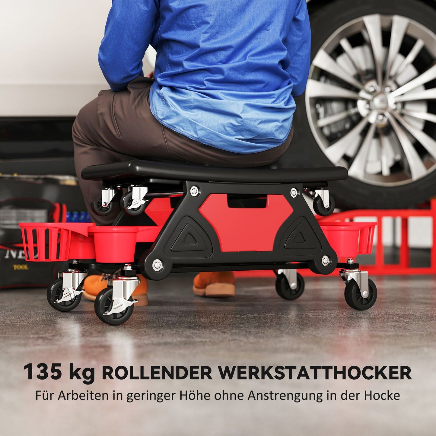 Workshop stool with removable castors, seat, storage area, 33cm high, rolling stool, load capacity up to 135 kg, red