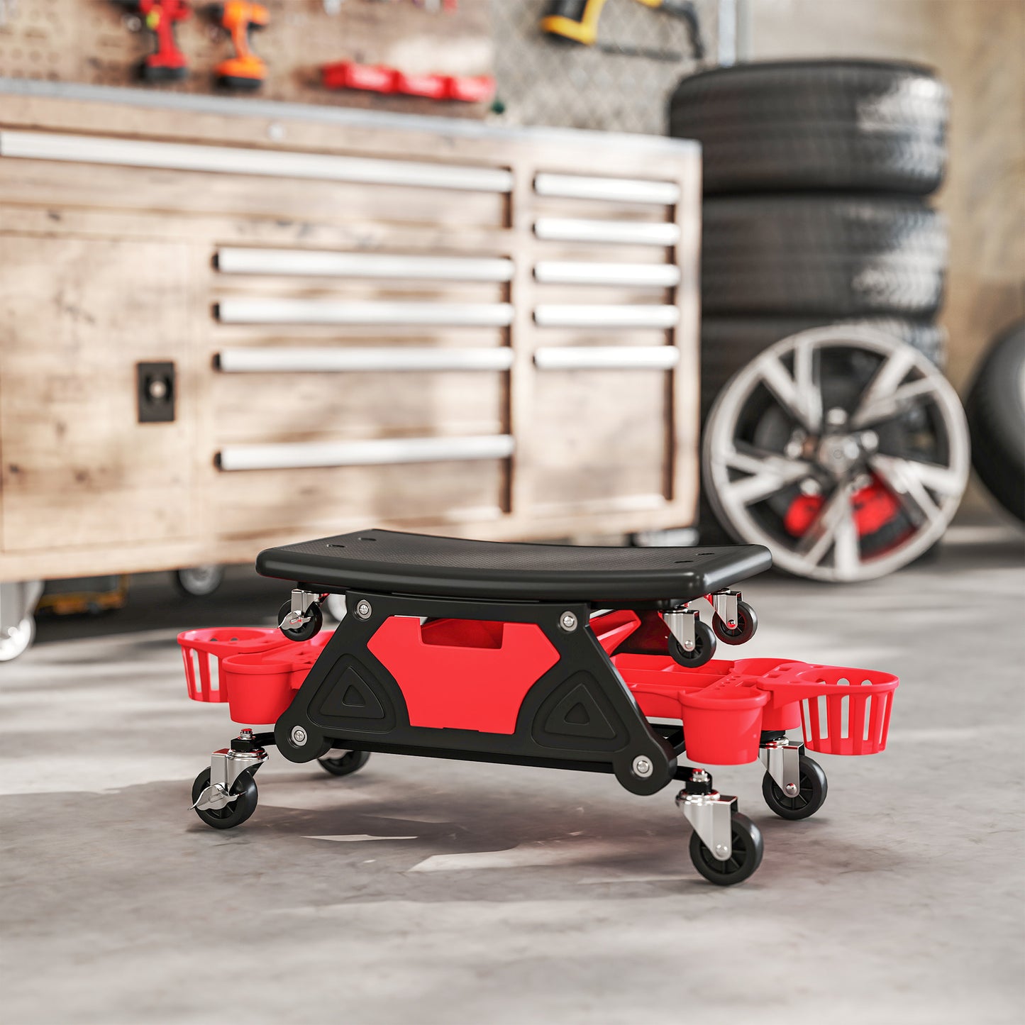Workshop stool with removable castors, seat, storage area, 33cm high, rolling stool, load capacity up to 135 kg, red