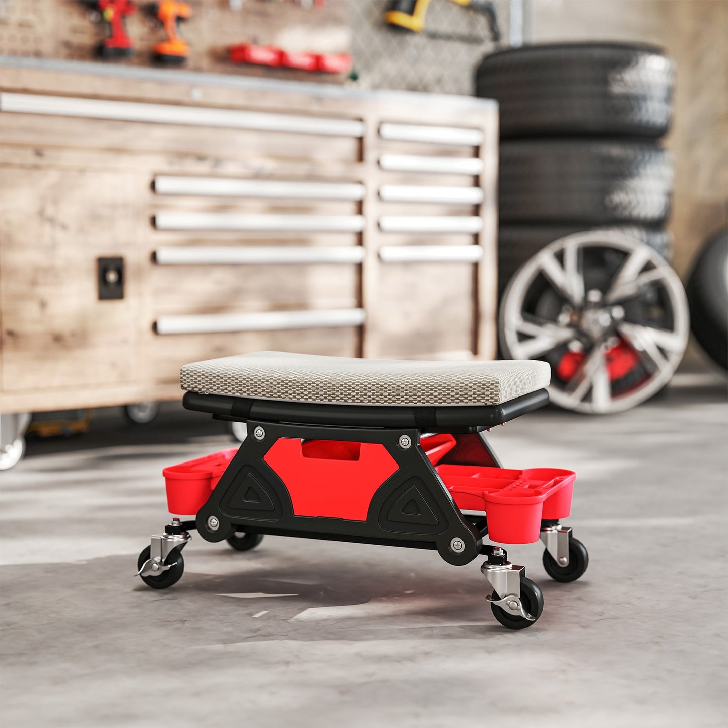 Workshop stool with wheels, storage area 35cm high, rolling stool, load capacity up to 135 kg, grey