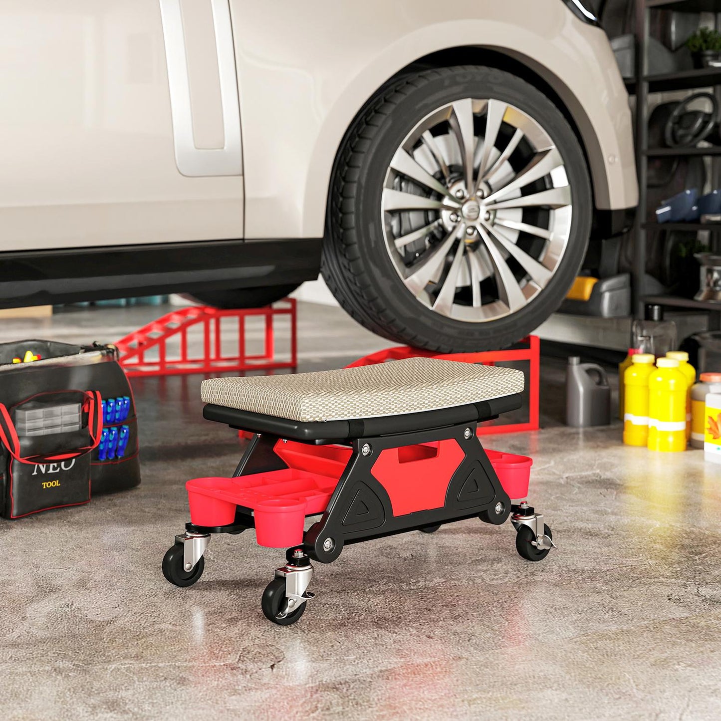 Workshop stool with wheels, storage area 35cm high, rolling stool, load capacity up to 135 kg, grey
