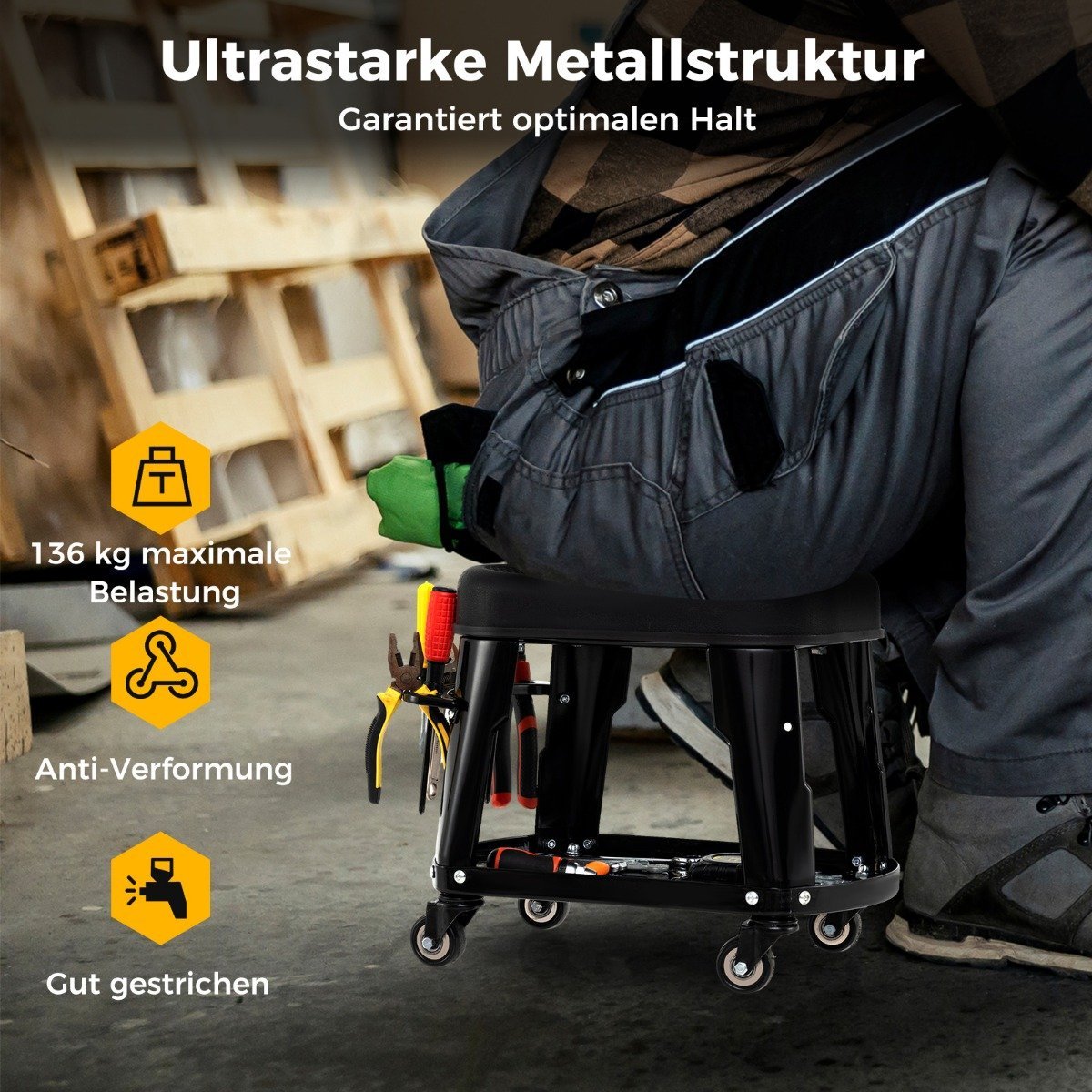Workshop stool workshop chair with equipment tray and tool holder workshop rolling stool black