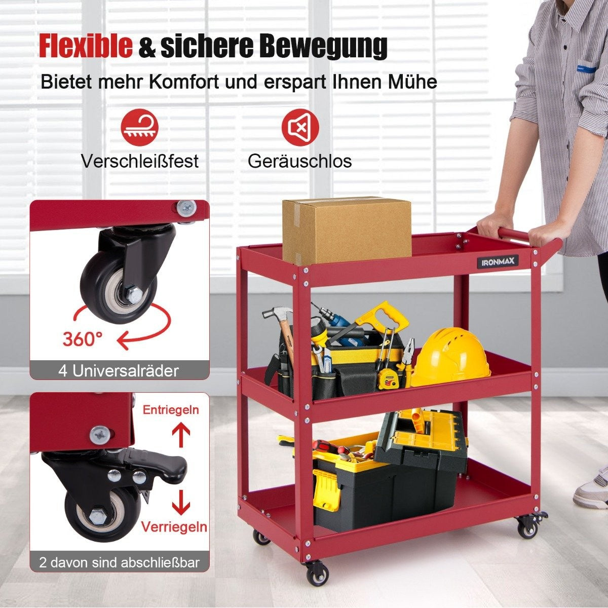 Workshop trolley 3 levels workshop trolley with 4 universal wheels & handle 73 x 36 x 75 cm red