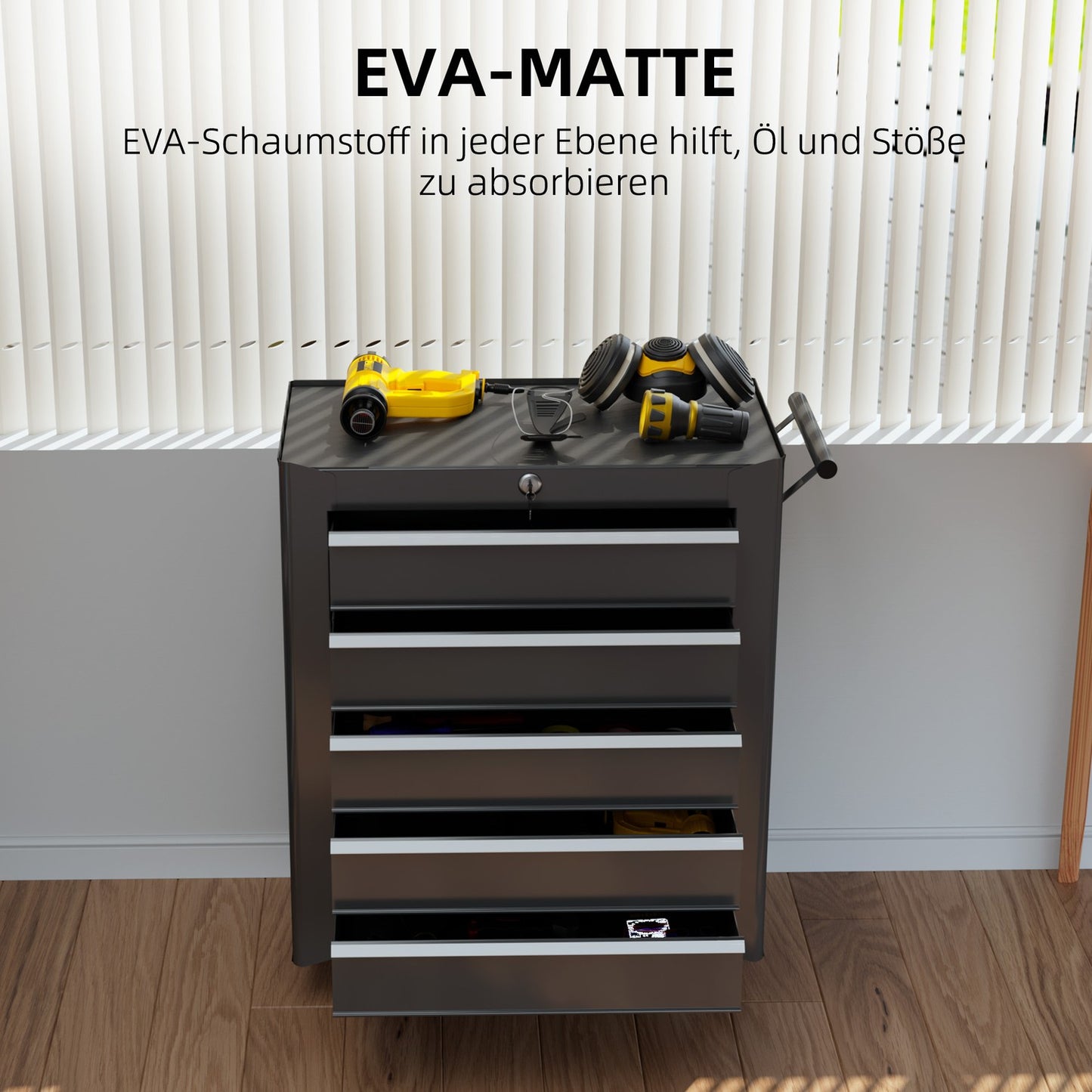 Lockable black tool trolley with 5 drawers & handle