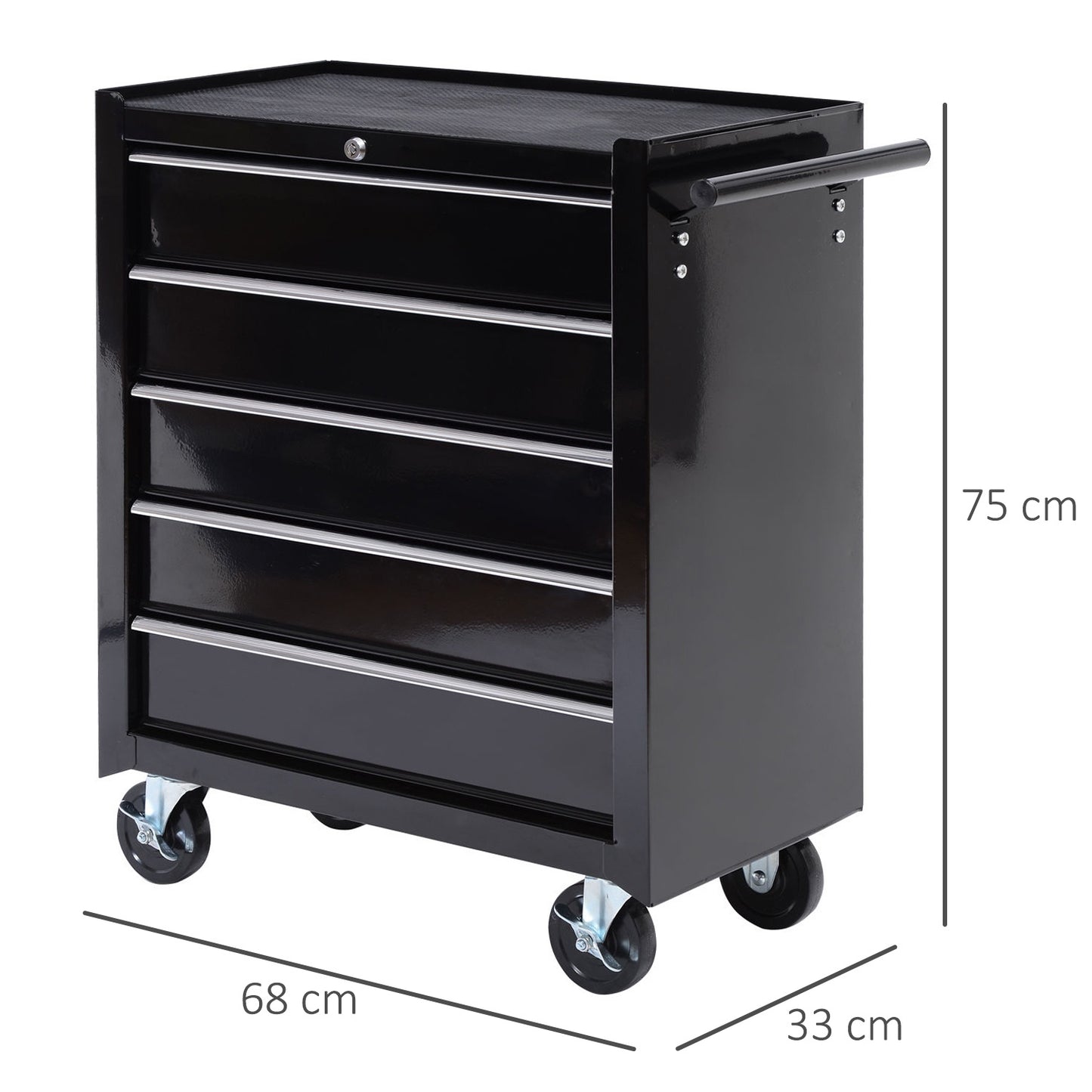 Lockable black tool trolley with 5 drawers & handle