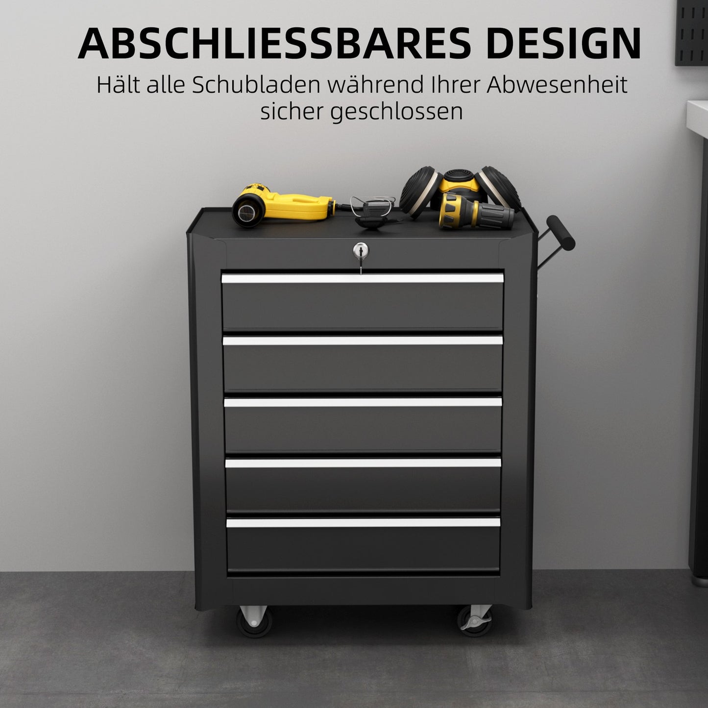 Lockable black tool trolley with 5 drawers & handle