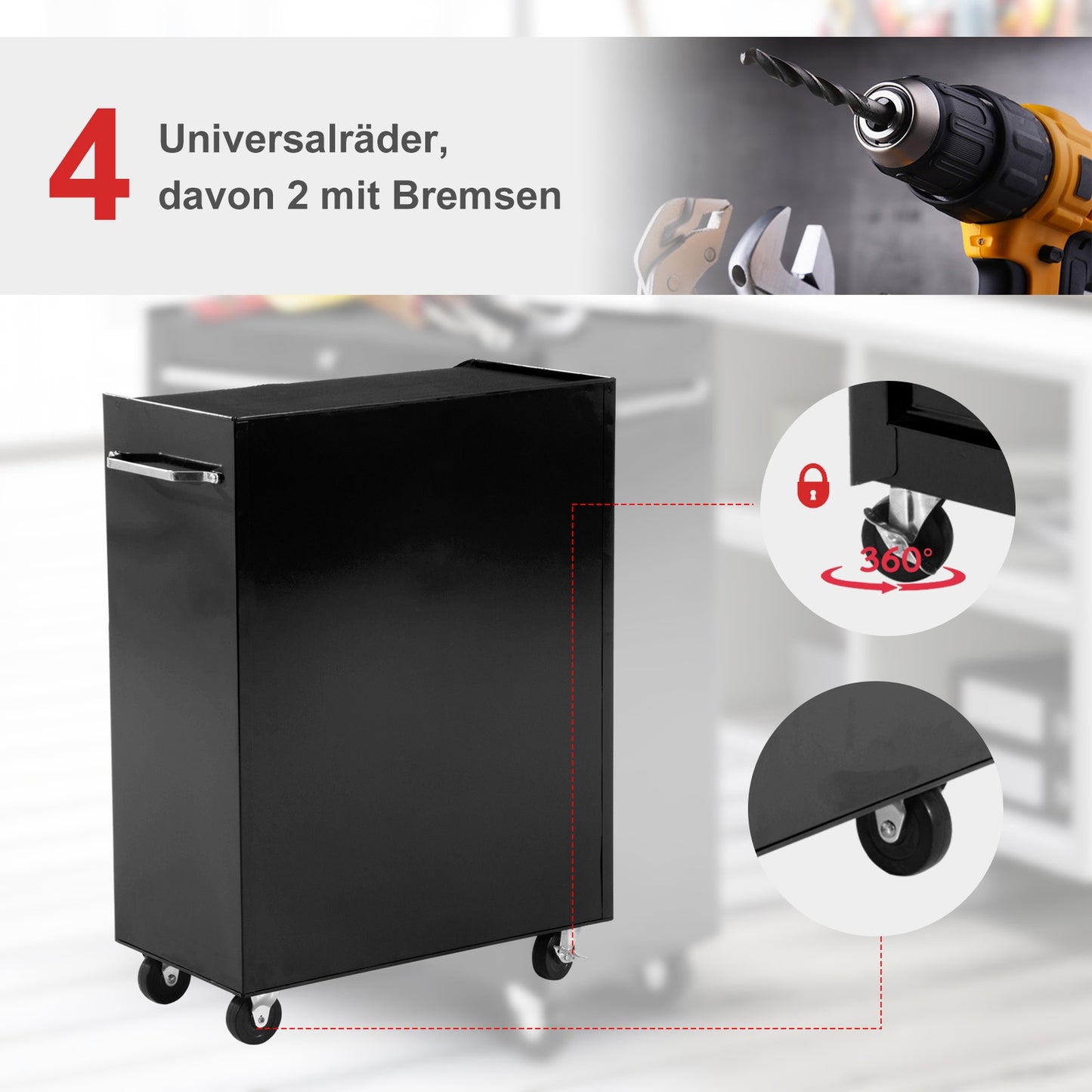 Lockable black tool trolley with 5 drawers & mats
