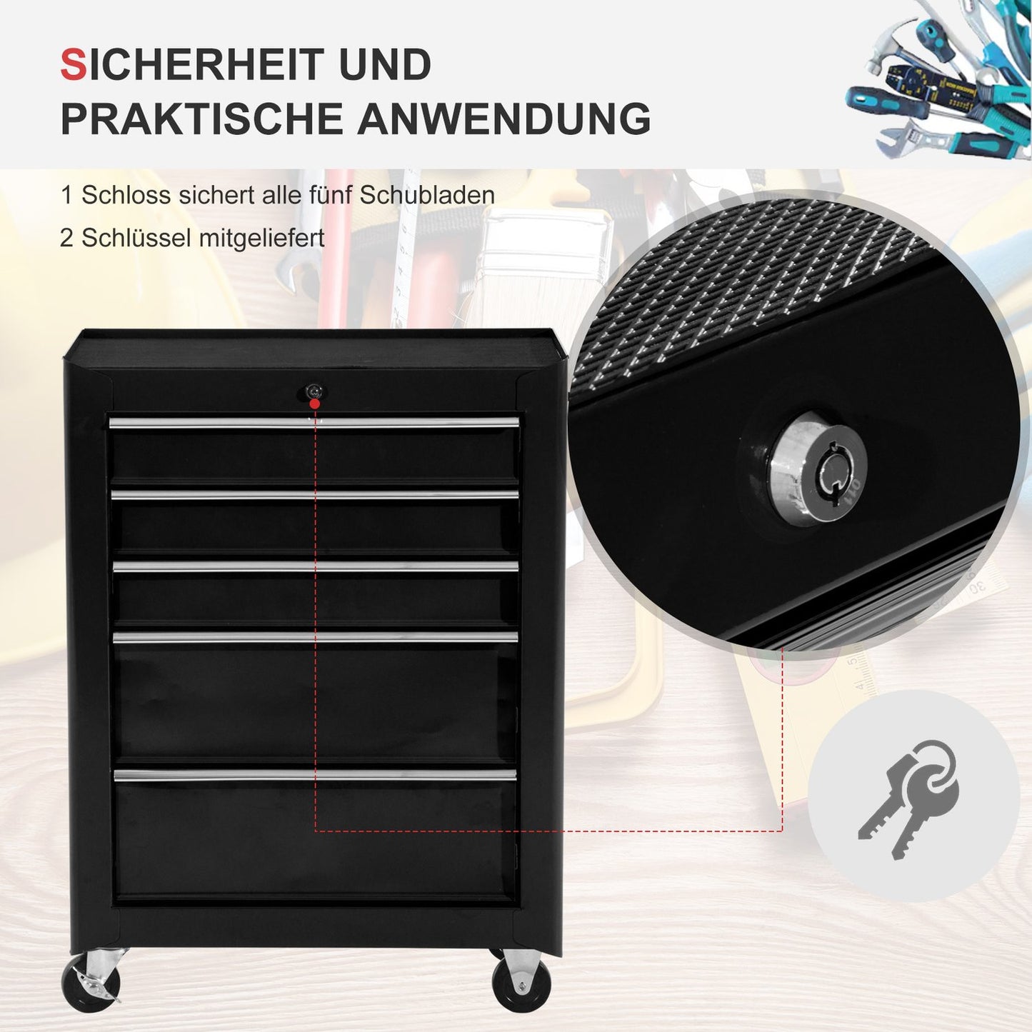 Lockable black tool trolley with 5 drawers & mats
