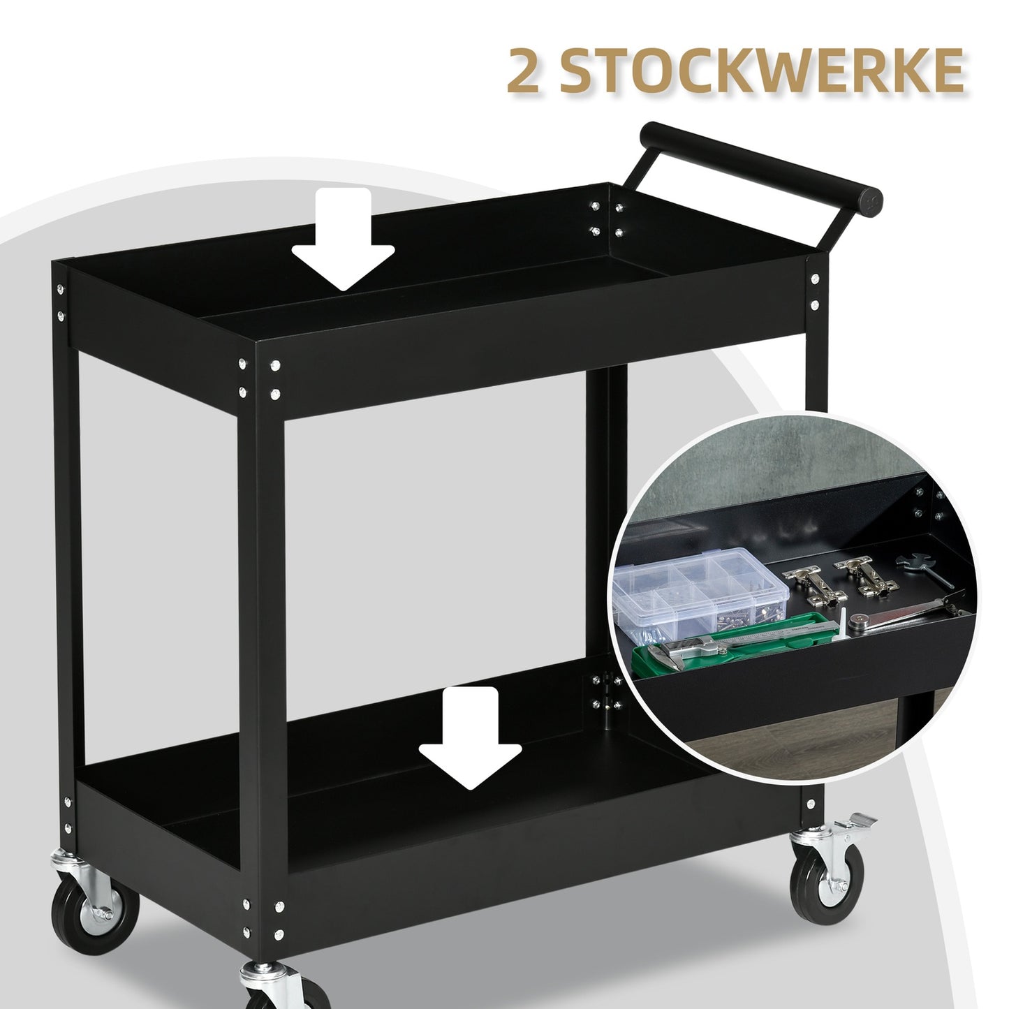 Workshop trolley, 2-level steel, 150 kg load capacity