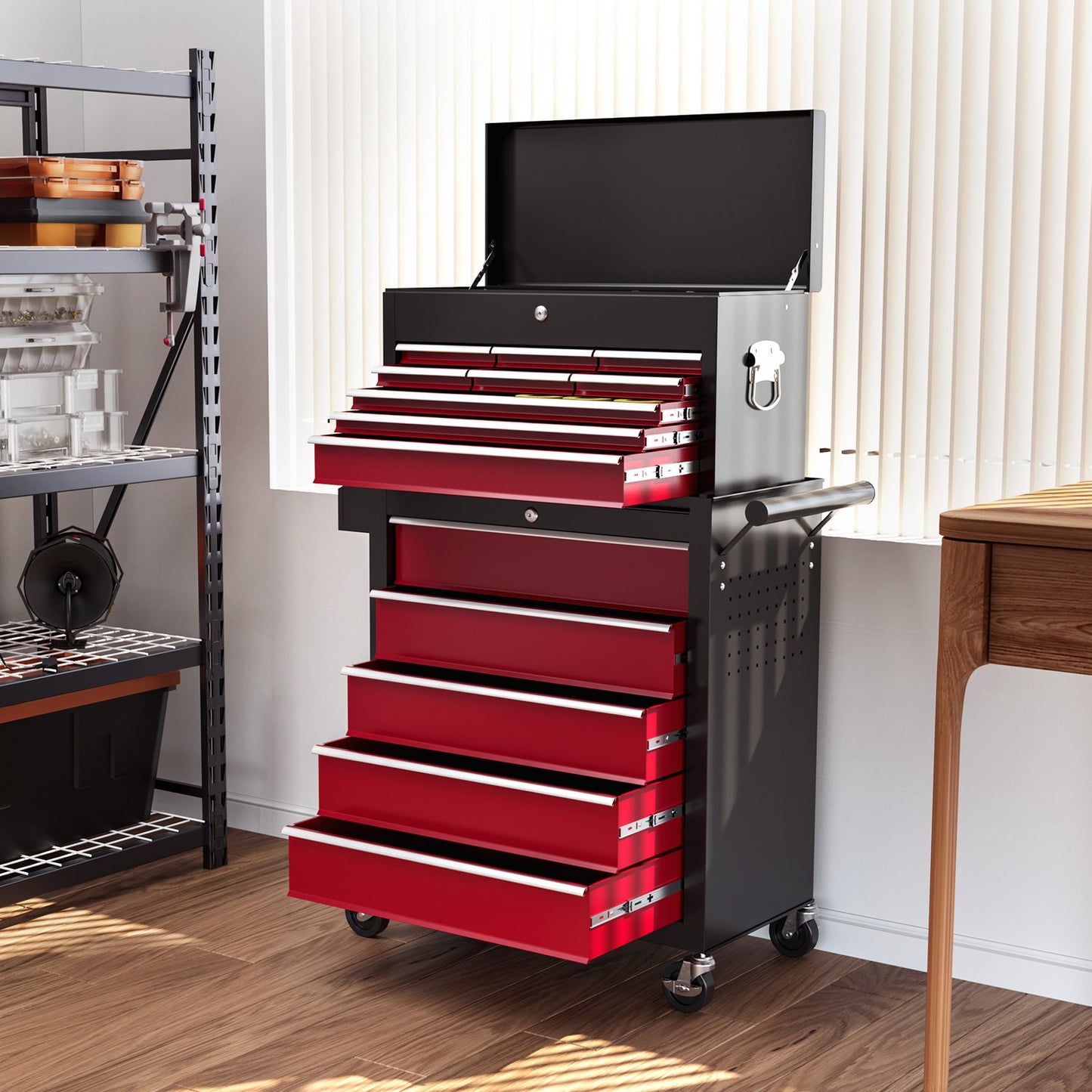 Mobile workshop trolley, Lockable, 14 drawers, Red