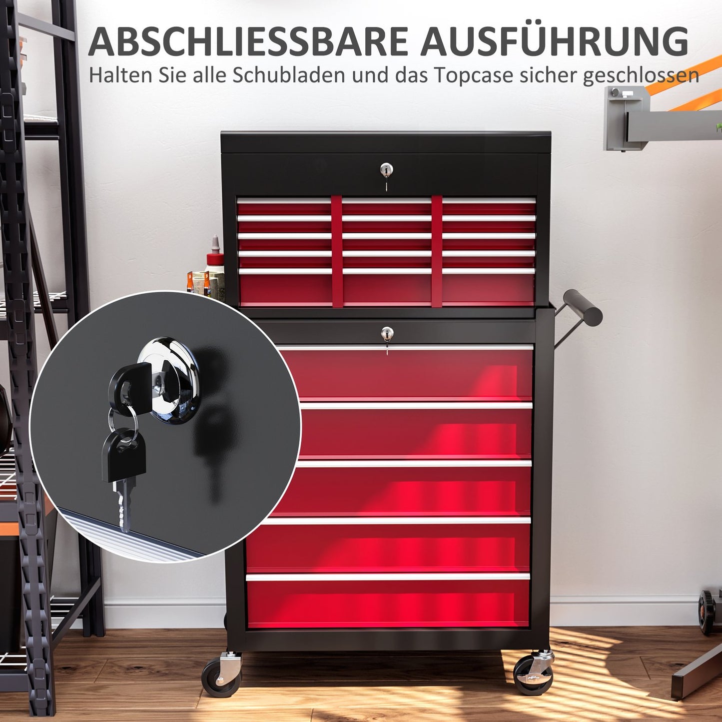 Mobile workshop trolley, Lockable, 14 drawers, Red