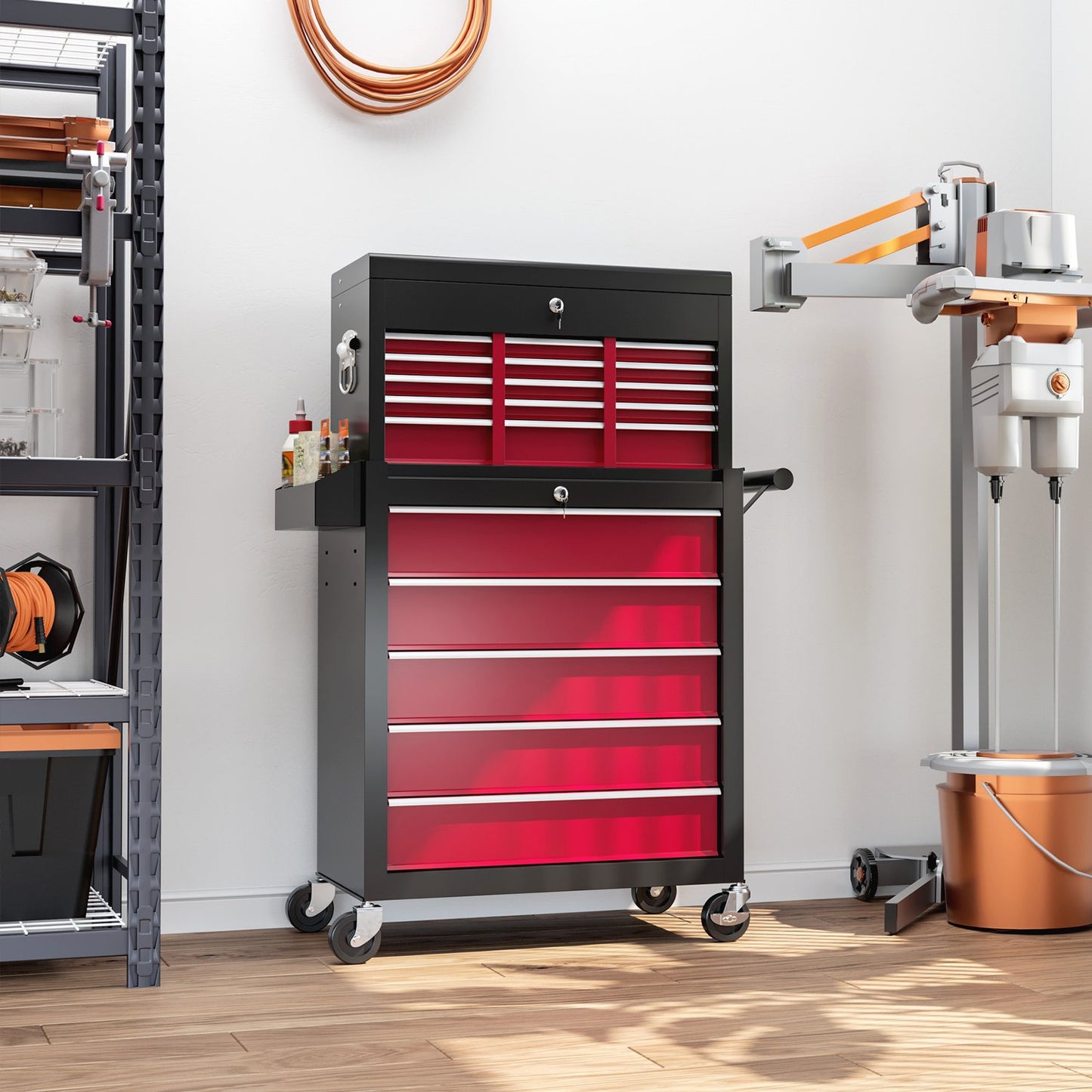 Mobile workshop trolley, Lockable, 14 drawers, Red