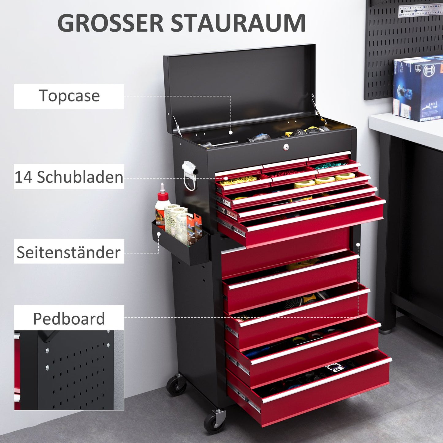 Mobile workshop trolley, Lockable, 14 drawers, Red