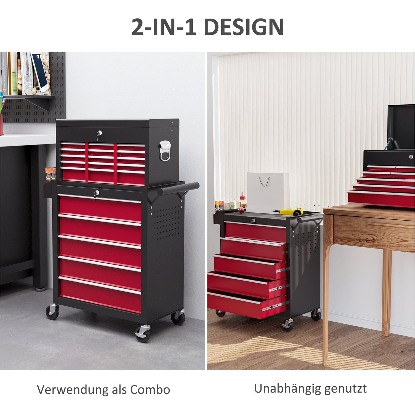 Mobile workshop trolley, Lockable, 14 drawers, Red