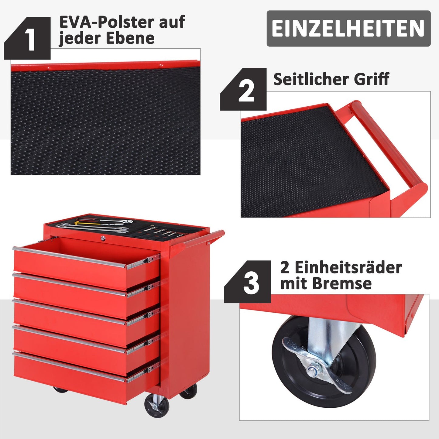 Workshop trolley with wheels, 5 drawers, Lockable, Red Steel