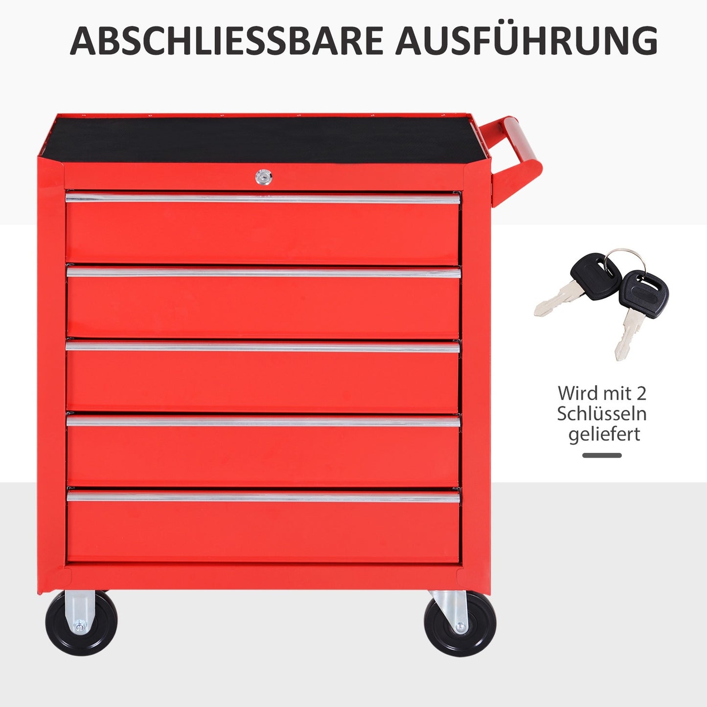 Workshop trolley with wheels, 5 drawers, Lockable, Red Steel