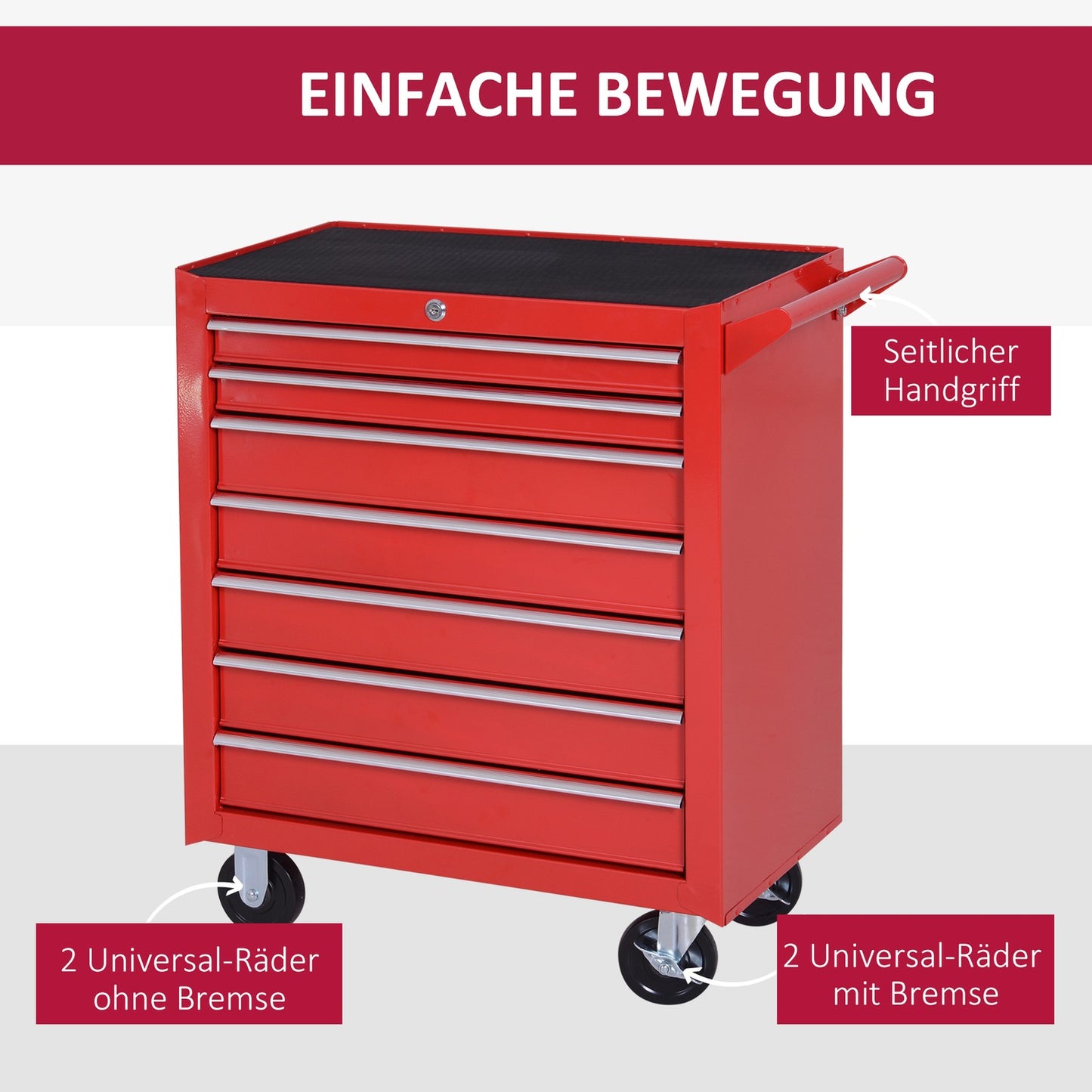 Workshop tool trolley with wheels, 7 lockable drawers