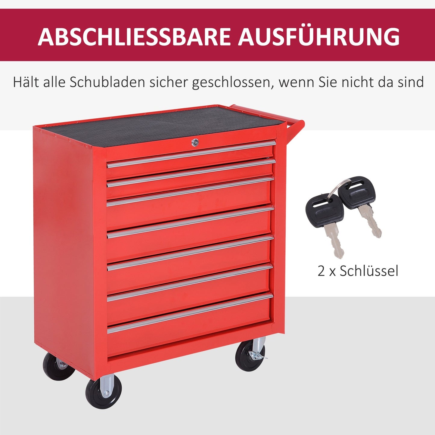 Workshop tool trolley with wheels, 7 lockable drawers
