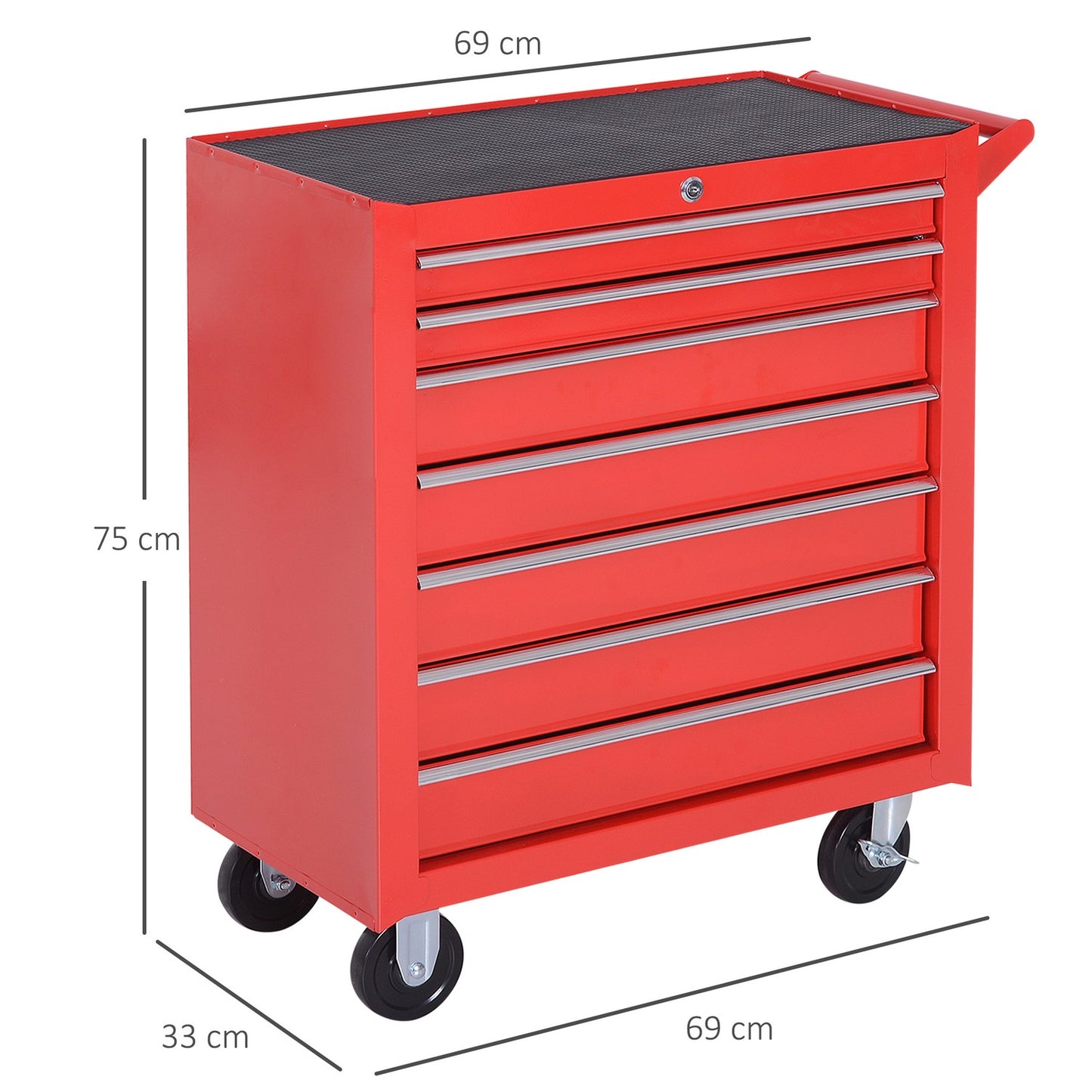 Workshop tool trolley with wheels, 7 lockable drawers