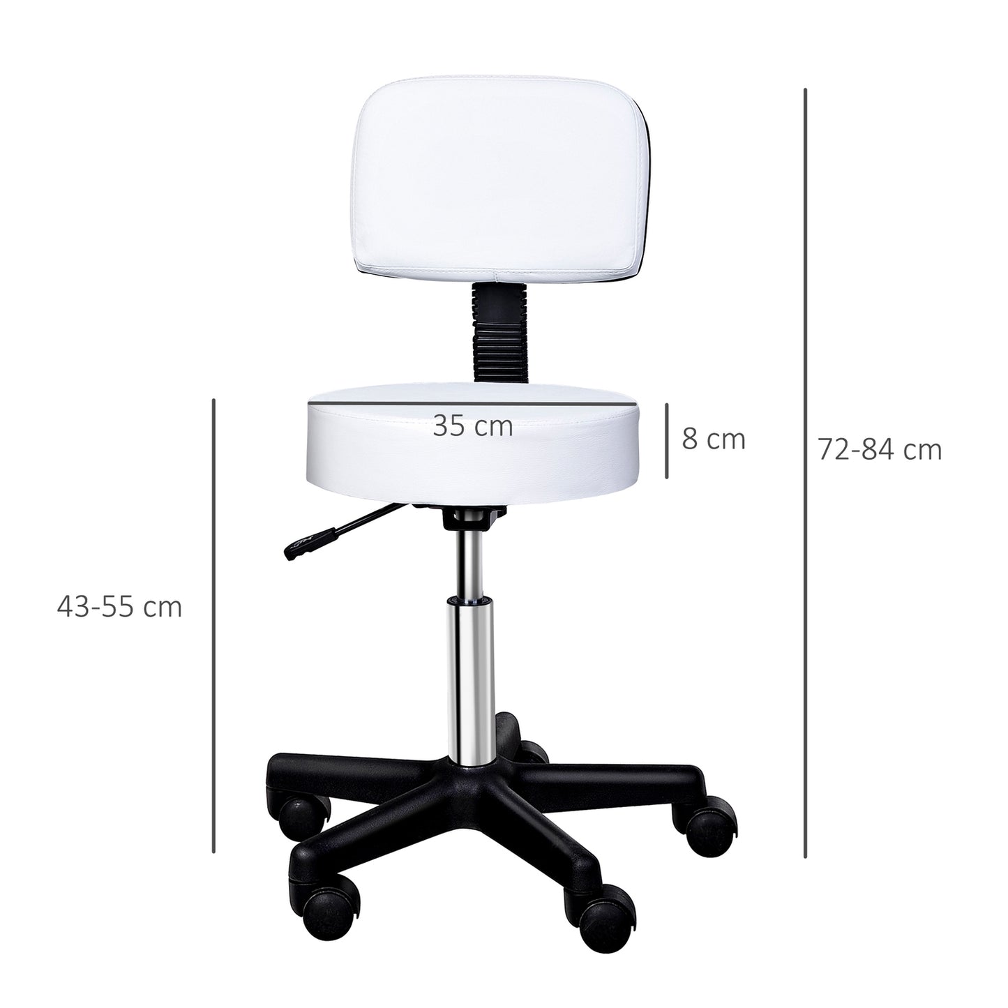 Swivel height-adjustable office stool with backrest, white