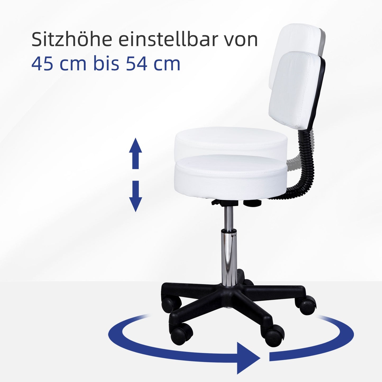 Swivel height-adjustable office stool with backrest, white