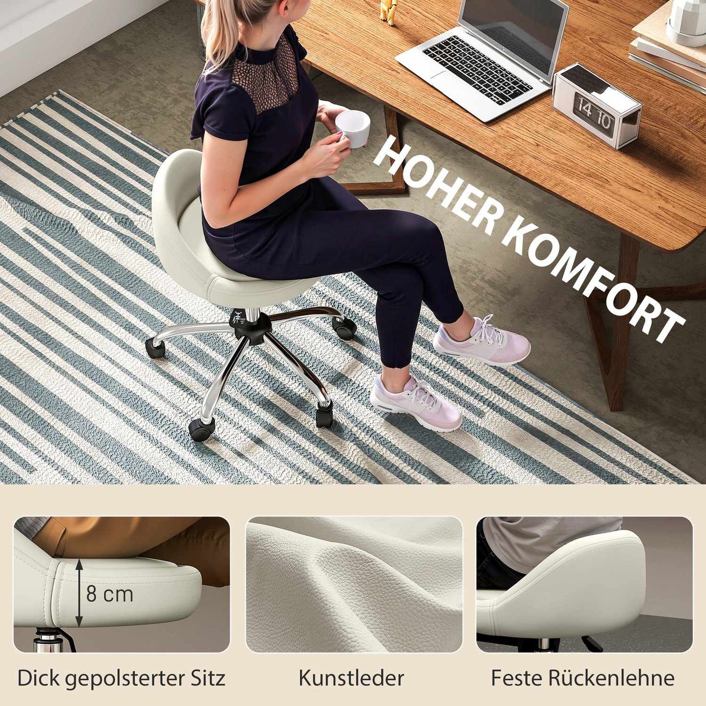 Adjustable Swivel Stool, White Faux Leather, 360° Rotation