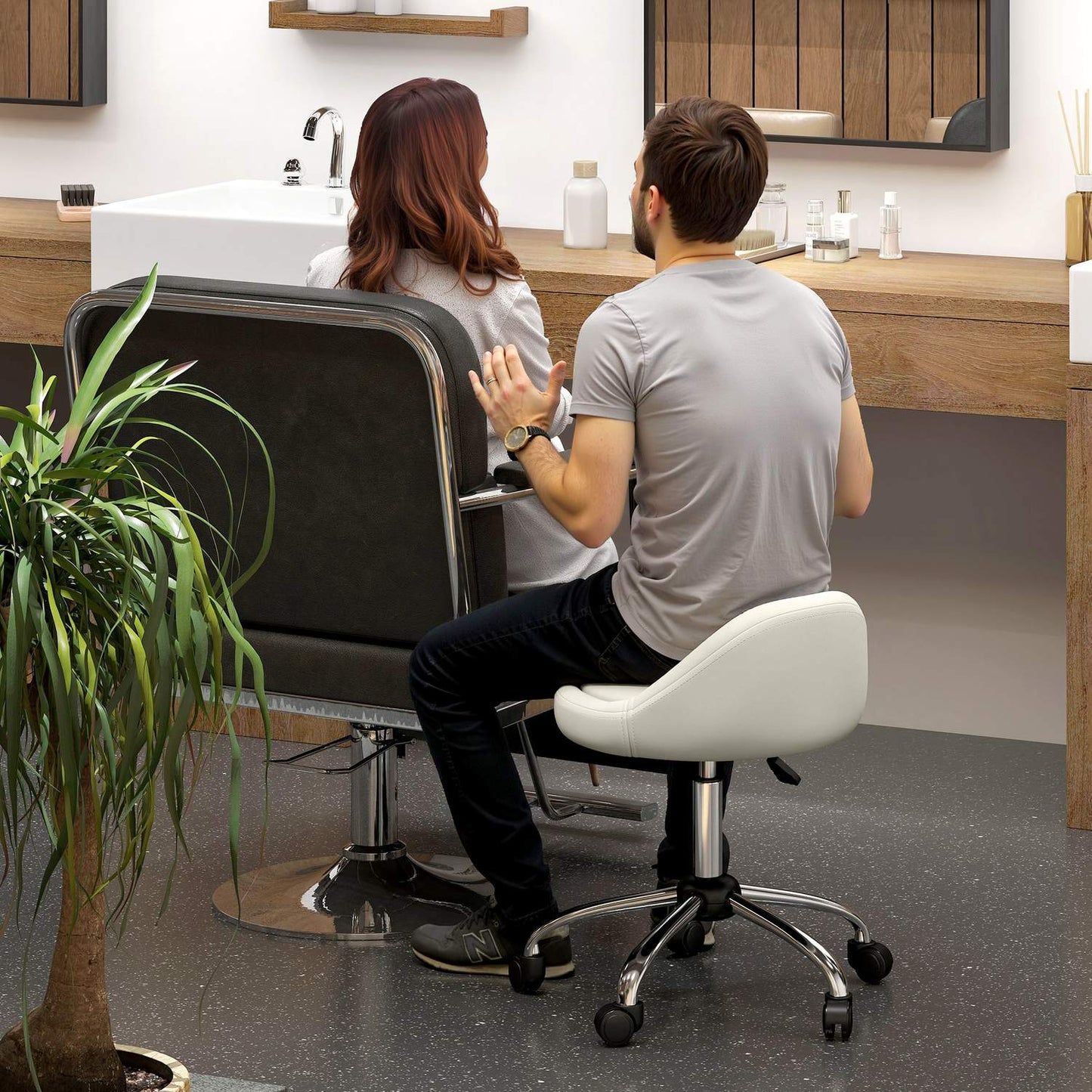 Adjustable Swivel Stool, White Faux Leather, 360° Rotation