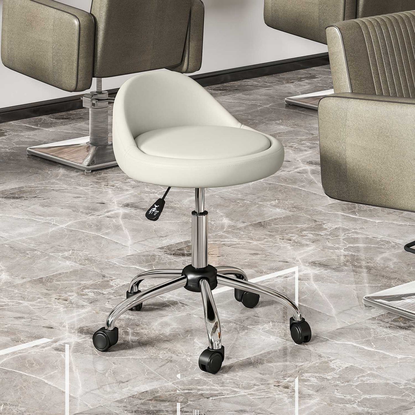Adjustable Swivel Stool, White Faux Leather, 360° Rotation