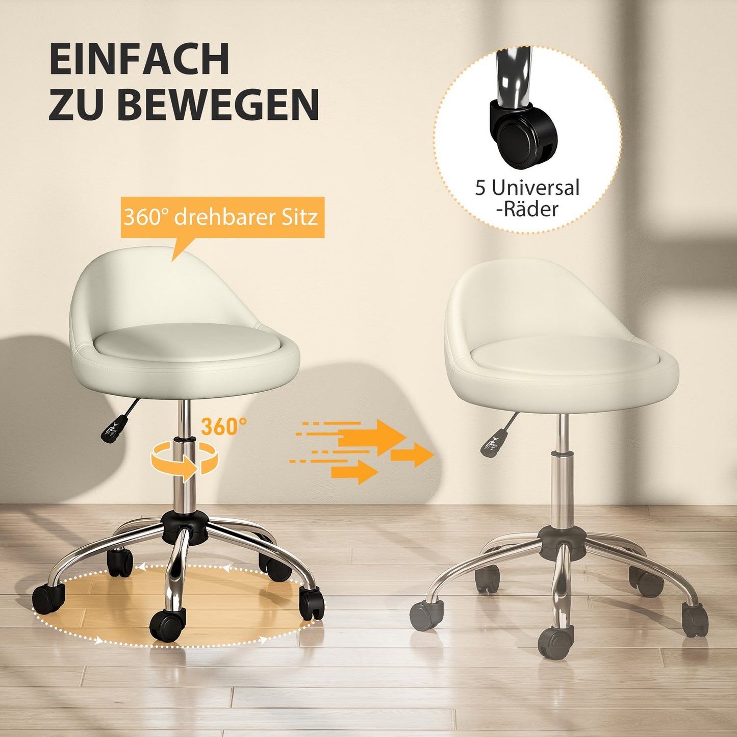 Adjustable Swivel Stool, White Faux Leather, 360° Rotation